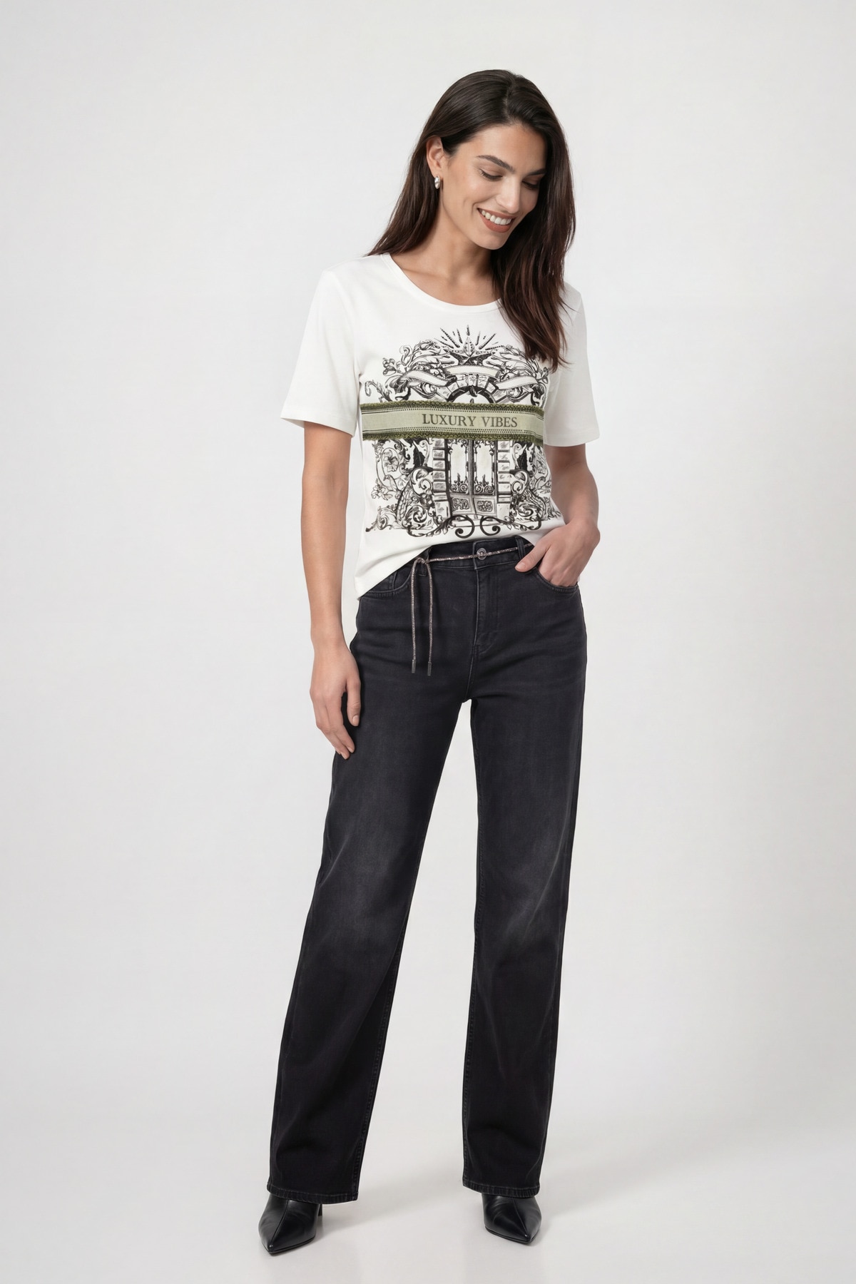 Monari T-Shirt »Shirt Druck + Schmuck« Regular fit mit Strassdetails