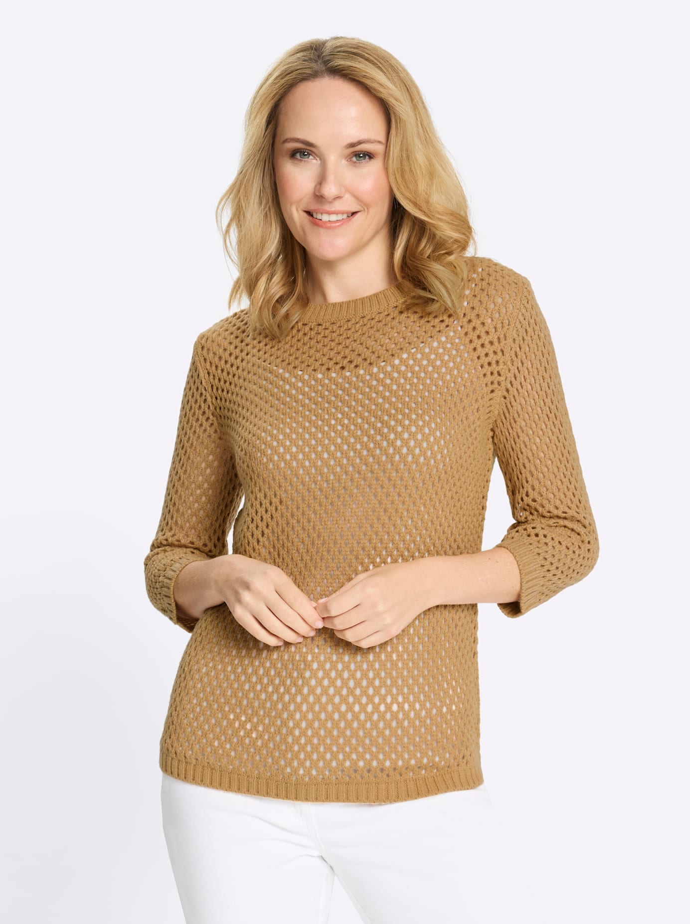 Ajourpullover CLASSIC BASICS "Ajour-Pullover", Damen, Gr. 44, camel, 100% Polyacryl, unifarben, Pullover