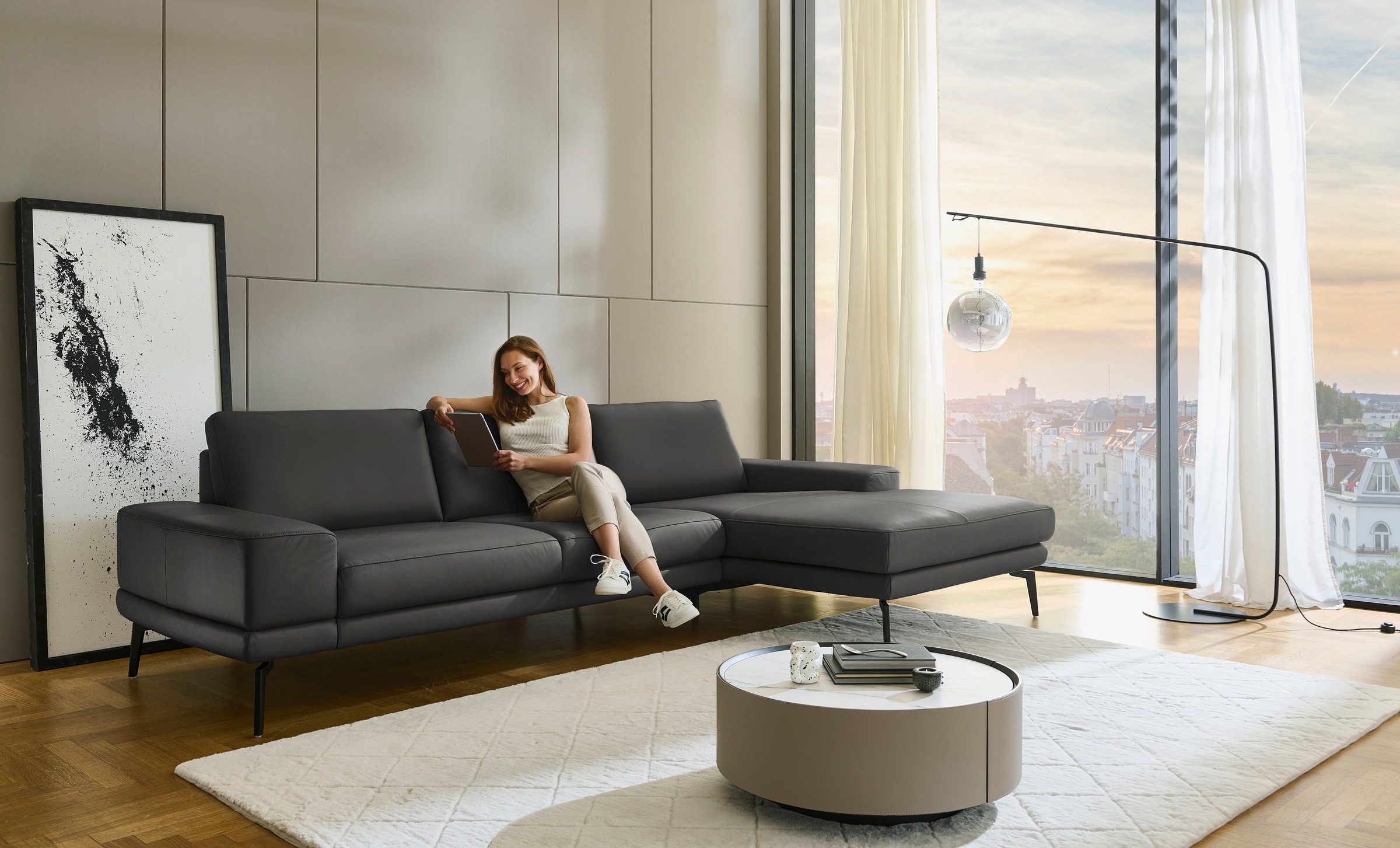 Ecksofa DIE PLANBAR "PN-EM20061, wahlweise frei im Raum stellbar", torro schwarz, B:310cm H:86cm T:180cm, Sofas, Ecksofa, wahlweise mit echt bezogenem Rücken und Sitztiefenverstellung 9