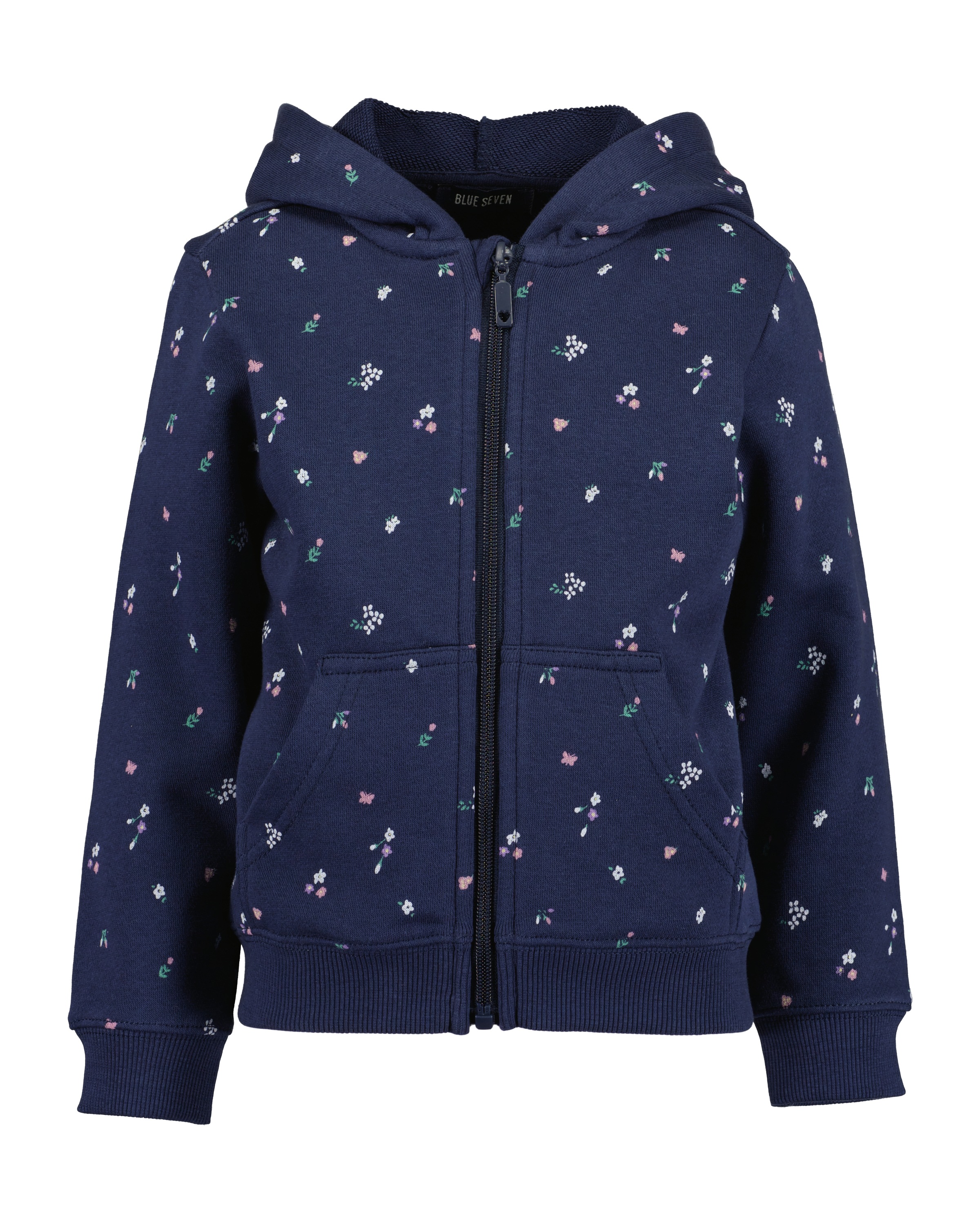 BLUE SEVEN Mädchen Kapuzensweatjackedk blau, Gr. 104, bedruckt, Sweatware, Obermaterial: 80% Baumwolle, 20% Polyester, Sweatjacken, allover bedruckt