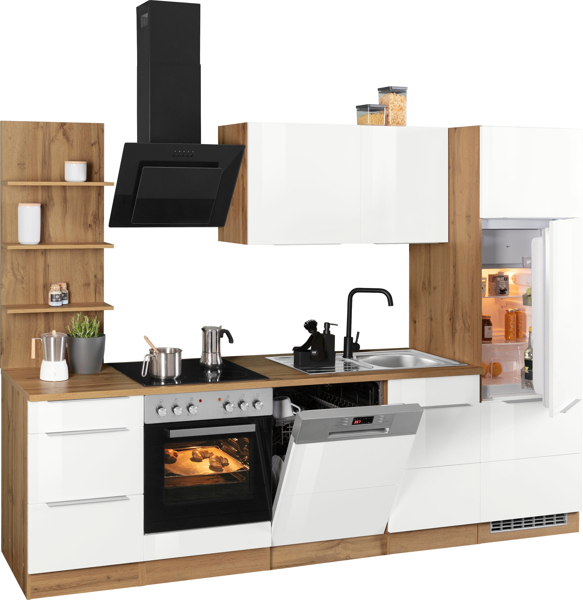KOCHSTATION Küchenzeile »KS-Brindisi«, Breite 280 cm, wahlweise mit E-Geräten, mit MDF-Fronten und Regal