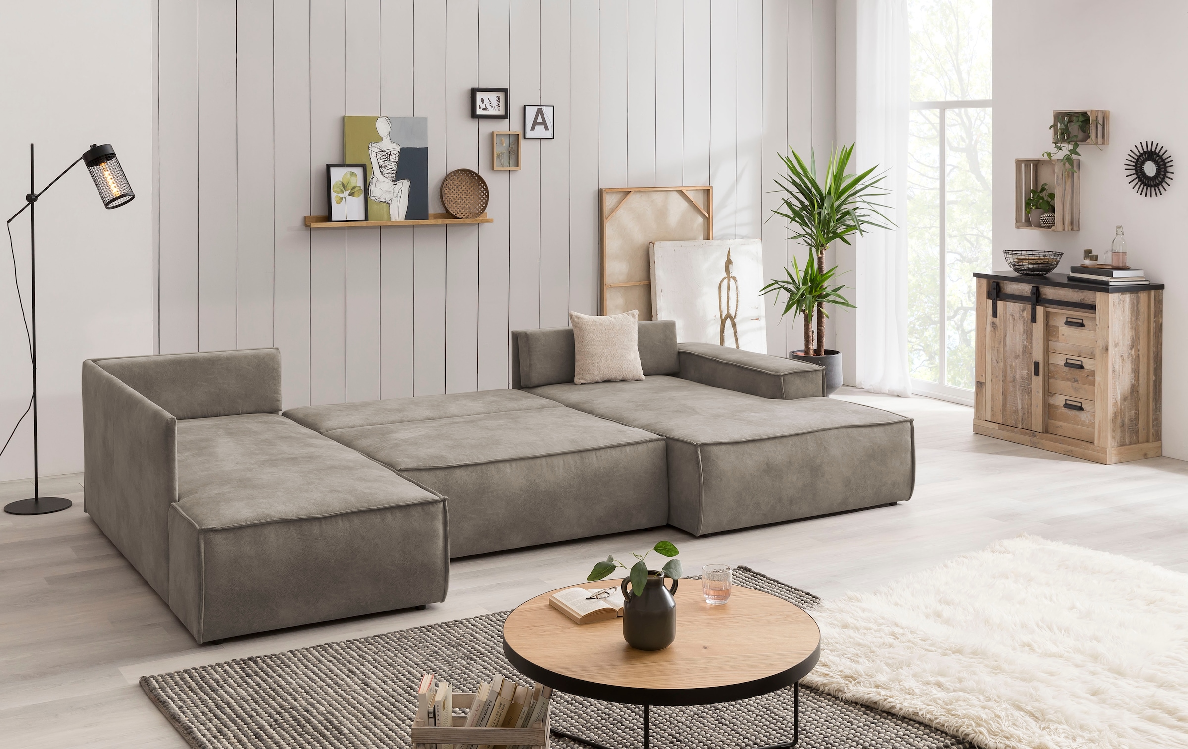 Home affaire Wohnlandschaft »SHERWOOD 329 cm, U-Form, Schlafsofa,«, Schlaffunktion m. Bettkasten (194x139 cm), Cord, Vintage, Samtvelours