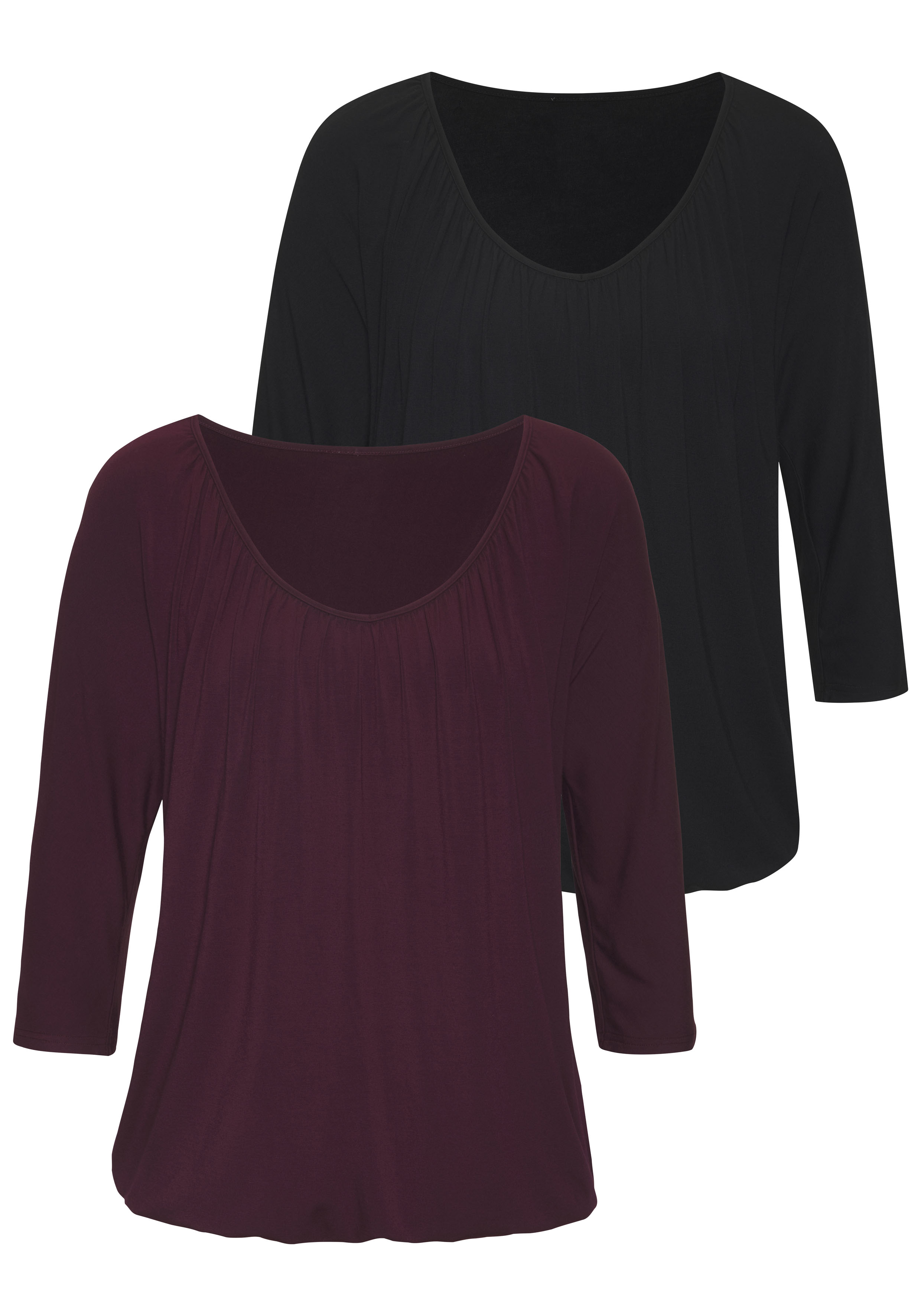 LASCANA 3/4-Arm-Shirt "mit zarter Raffung am Ausschnitt" 2er-Pack, aus luftigem Viskose-Stretch