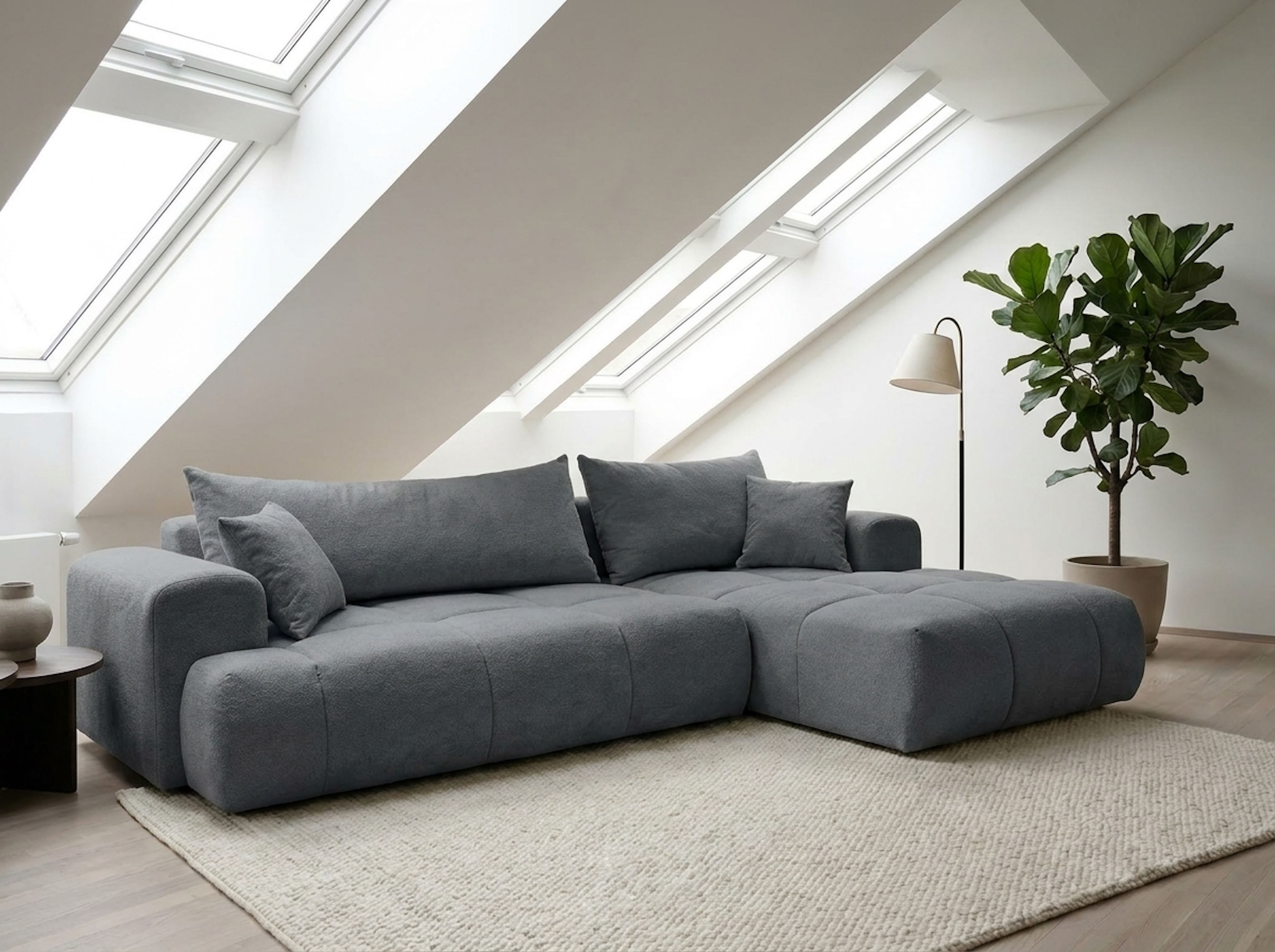 WERK2 Ecksofa "Ewela-Bubble 265 x 145 cm modern und bequem" Bouclé, L-Form, Schlaffunktion, Bettkasten
