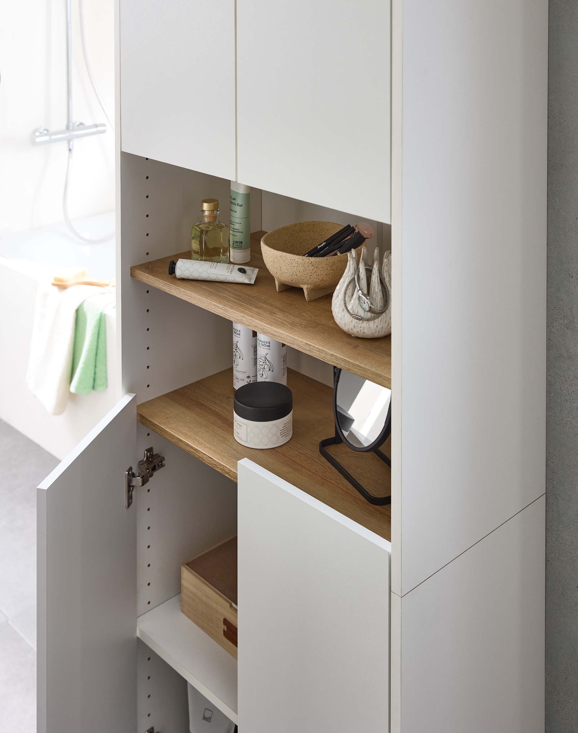 Saphir Hochschrank »Hochschrank Quickset 100, Badschrank 61,6 cm breit, 4 Türen«, 2 Einlegeböden, 2 offene Fächer, Badezimmer-Hochschrank, Akzentfuge