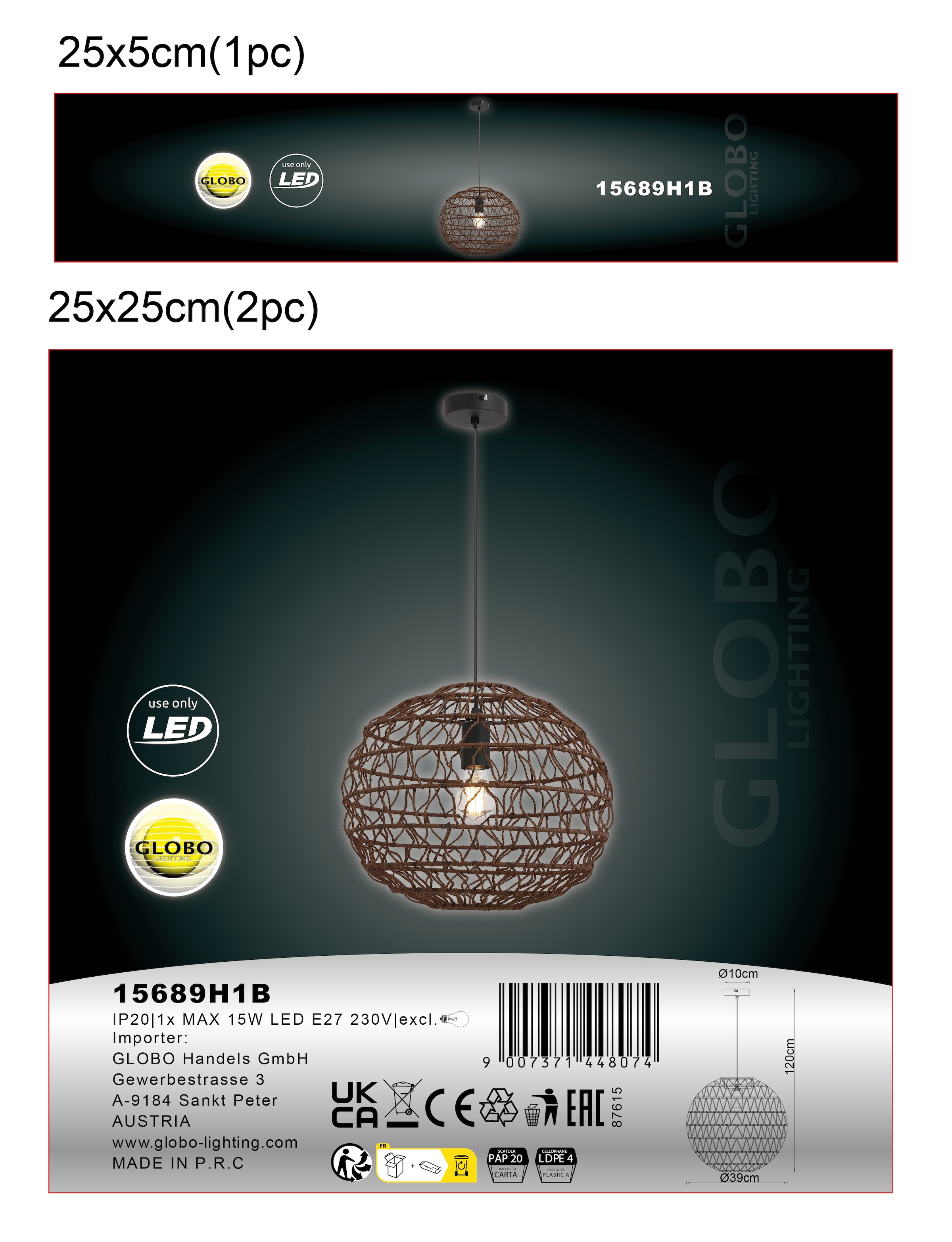 GLOBO LIGHTING Hängeleuchte »SENNI« E27 1 Stk. Hängeleuchte für Esszimmer, Papier
