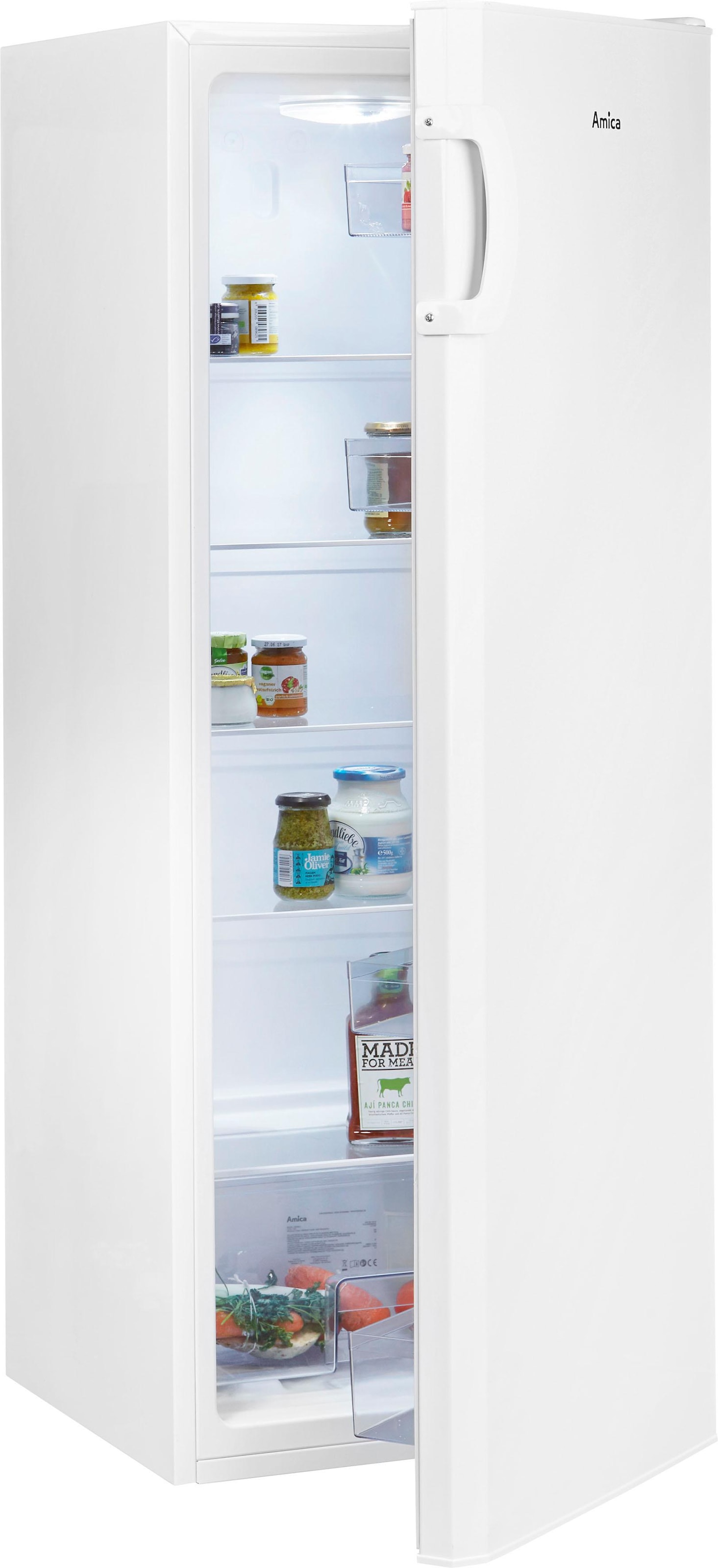 Amica VKS 354 115 W Vollraumkühlschrank – 225 L Nutzinhalt, 141 Cm Hoch, Energieklasse E, Mit LED-Licht, Tür- & Temperaturalarm, 4 Glaseinlegeböden