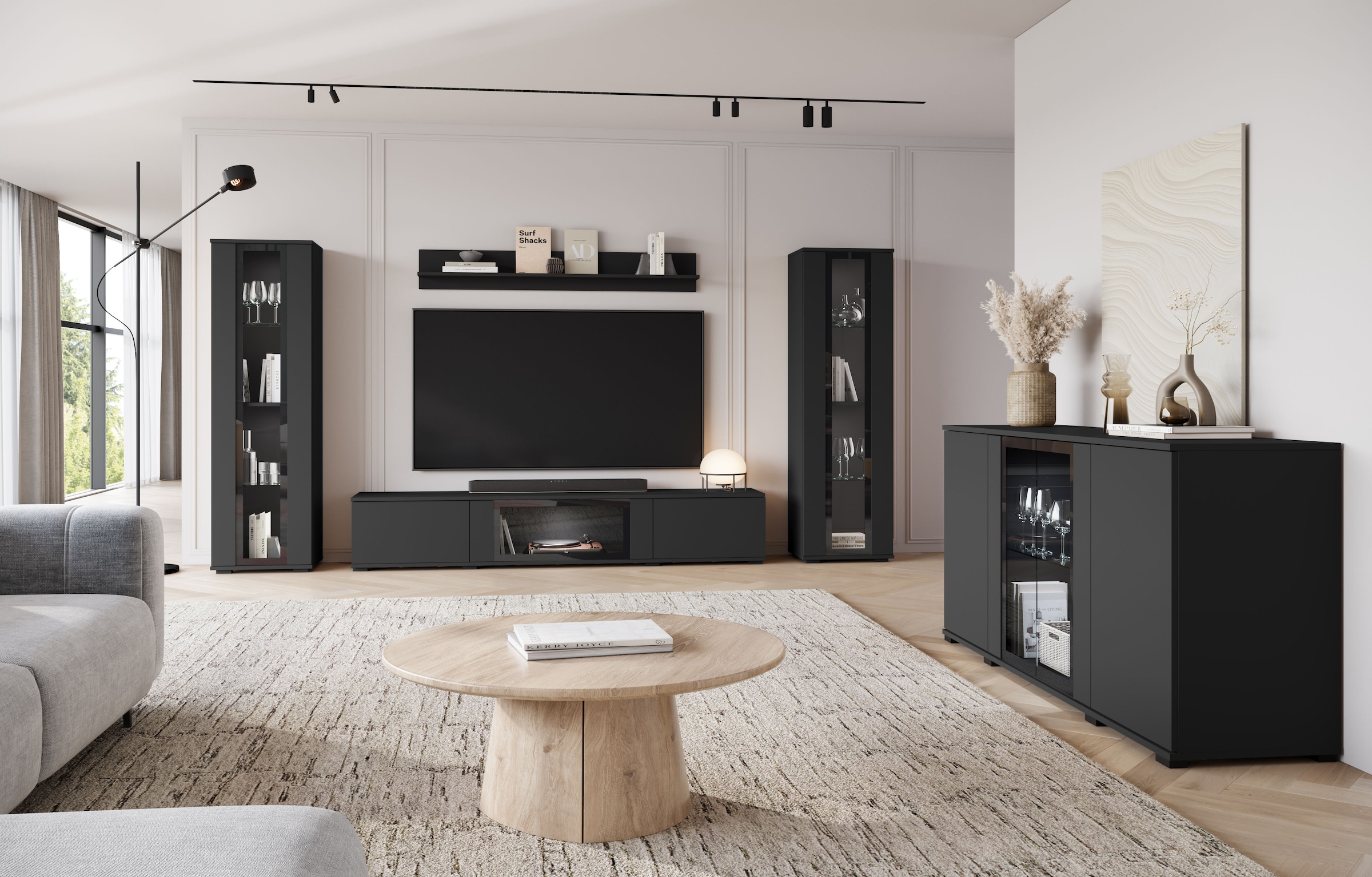 INOSIGN Sideboard »Caro, modernes Design mit Glaseinsätzen, Breite 150 cm«, (1 St.), Grifflose Fronten mit Push-to-Open, höhenverstellbare Einlegeböden