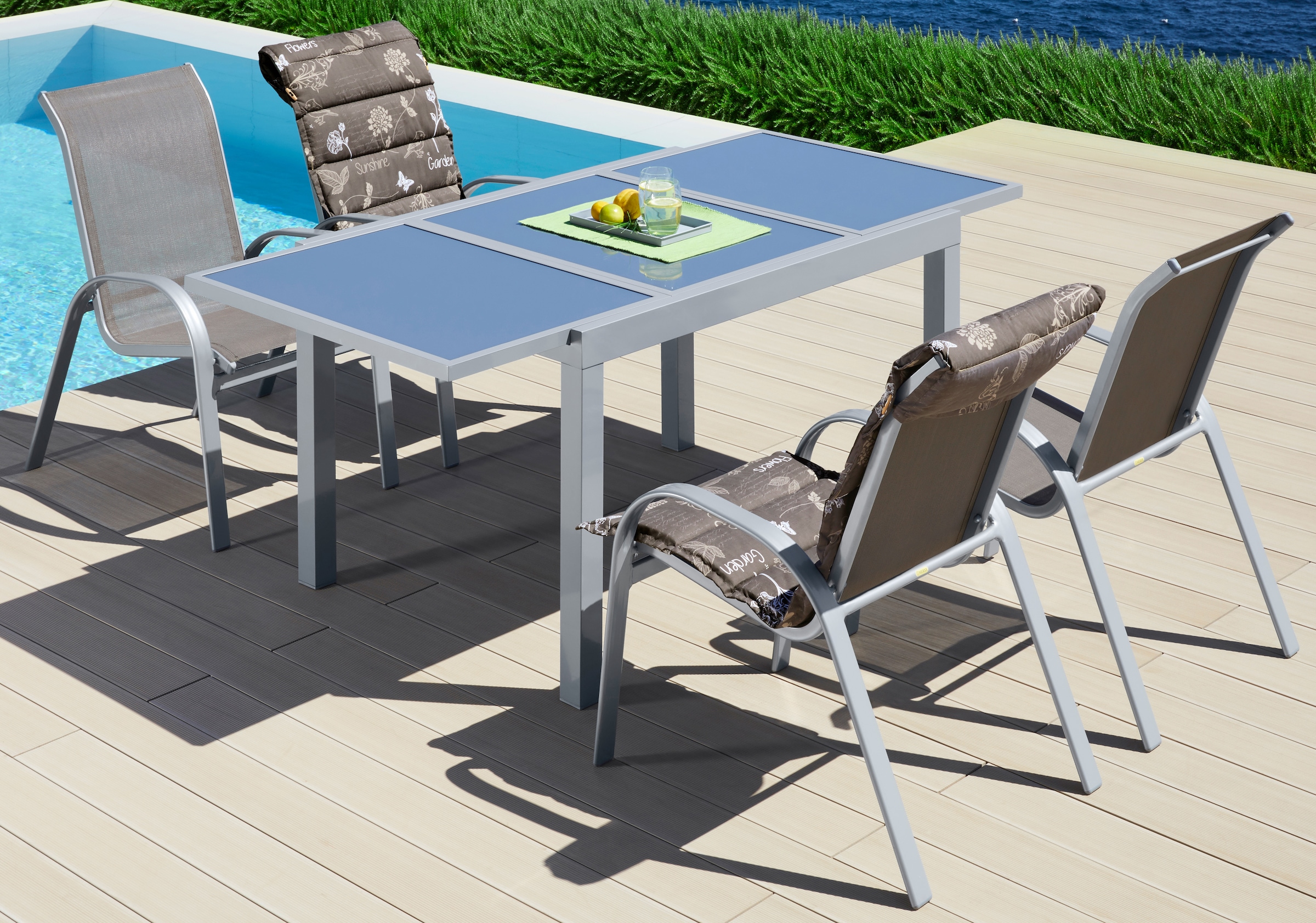 MERXX Garten-Essgruppe »Amalfi«, (5 90x120-180 | Sessel, 4 cm, Alu/Textil BAUR tlg.), ausziehbar Tisch