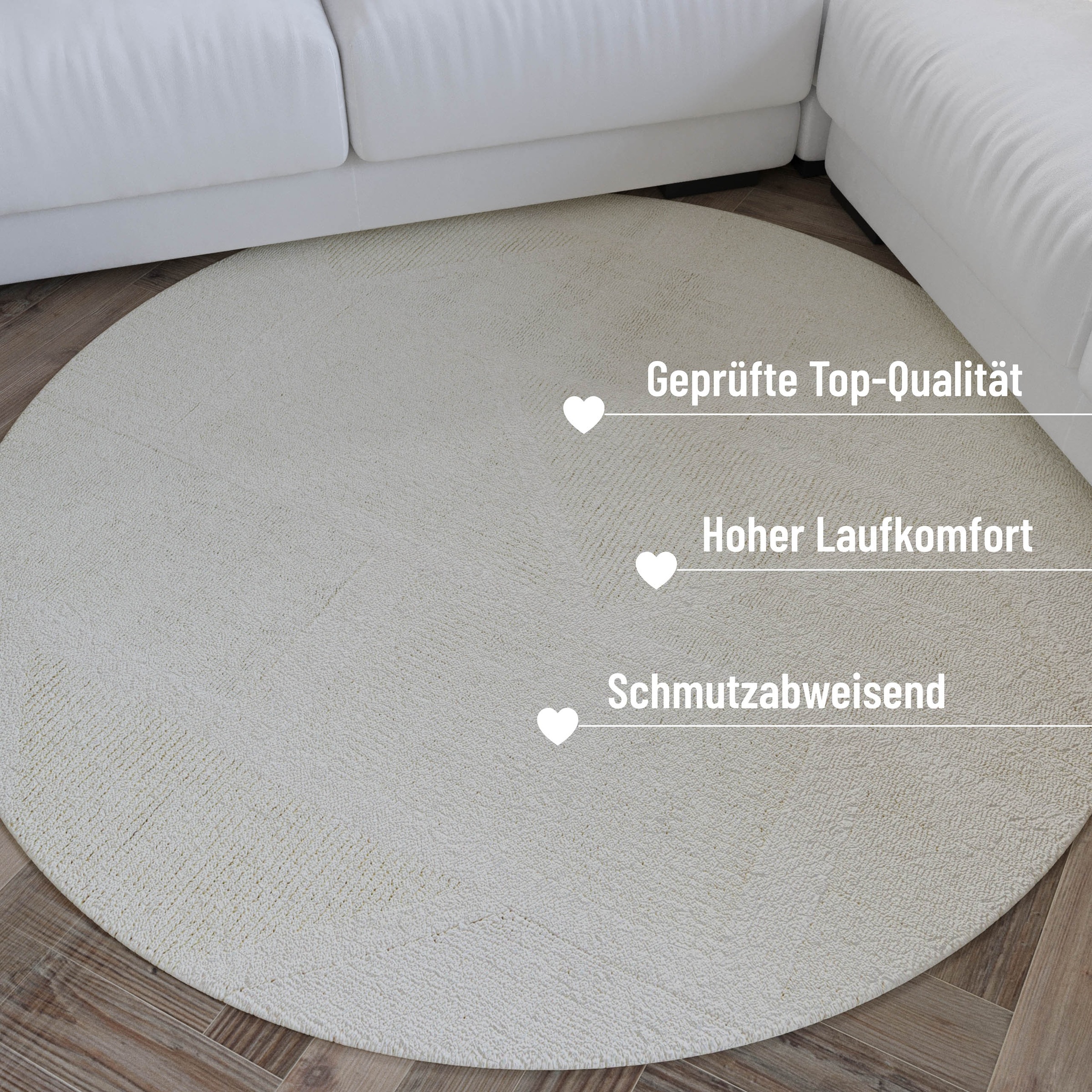 Wecon home Wollteppich »Hamptons FIVETEEN«, rund, 15 mm Höhe, Schurwolle, Kurzflor, Wohn- & Schlafzimmer, elegant, Hoch-Tief-Effekt