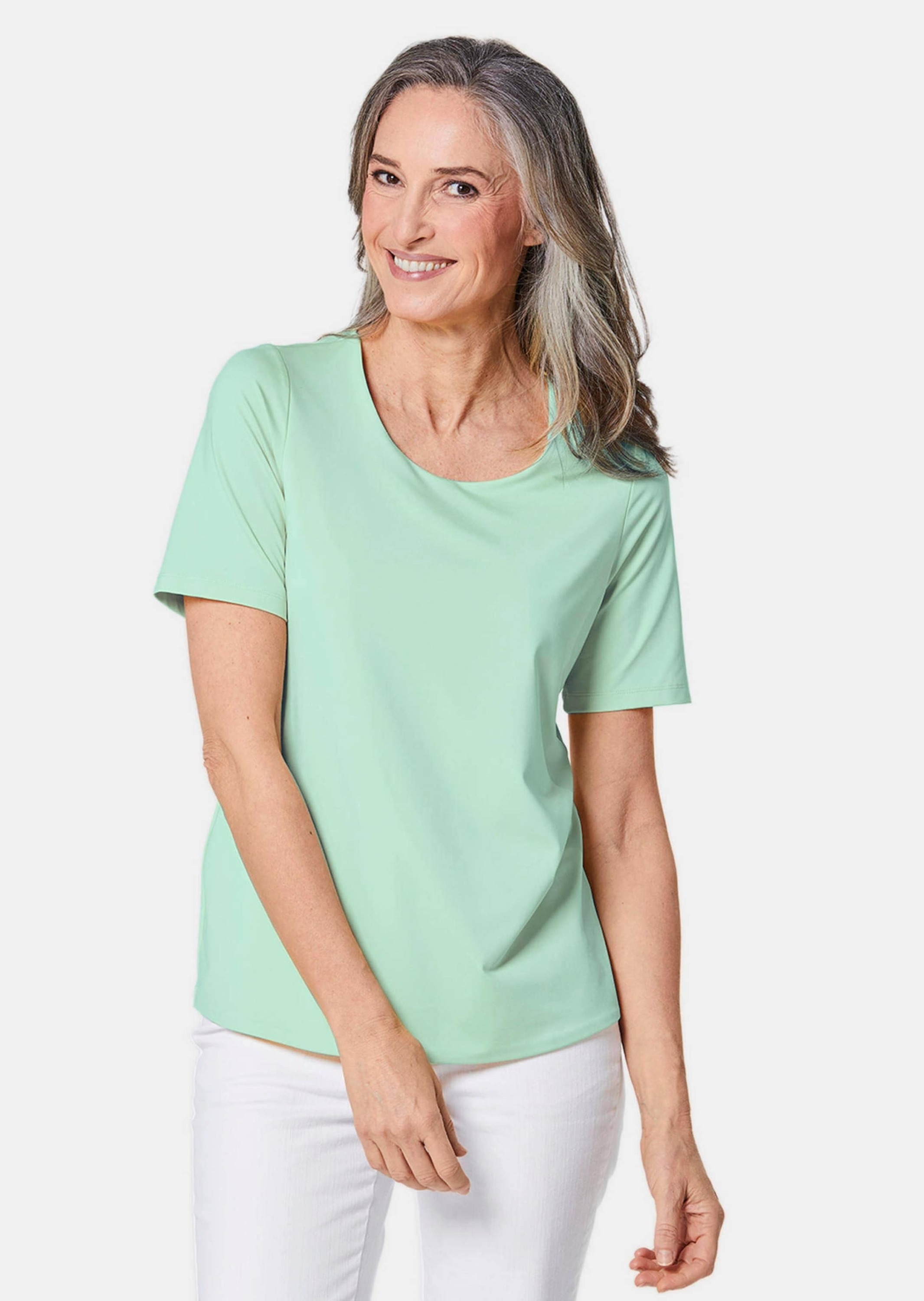 Langarm-Poloshirt GOLDNER "Kurzgröße Gepflegtes Shirt in formstabiler Ware", Damen, Gr. 23, grün (mintgrün), Obermaterial: 82% Polyester PES. 18% Elasthan EL., normal, Sonstiges, Shirts, Ohne 2