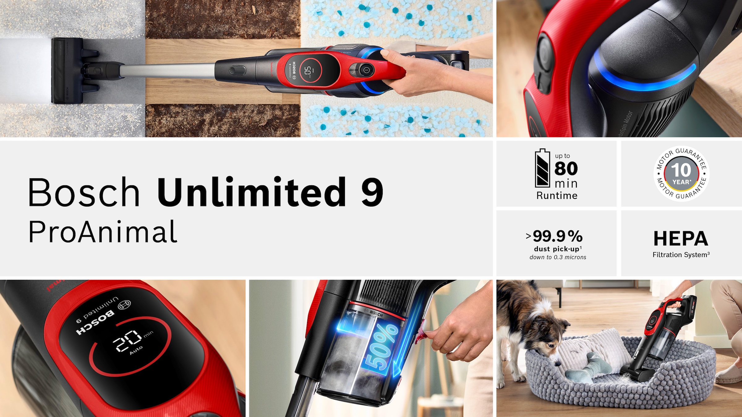 BOSCH Akku-Stielstaubsauger »Neuheit Unlimited 9 ProAnimal BKS941PET, MicroClean™ Technology«, HEPA-Filtersystem, 10 Jahre Motorgarantie, Schnellladegerät, LED Licht