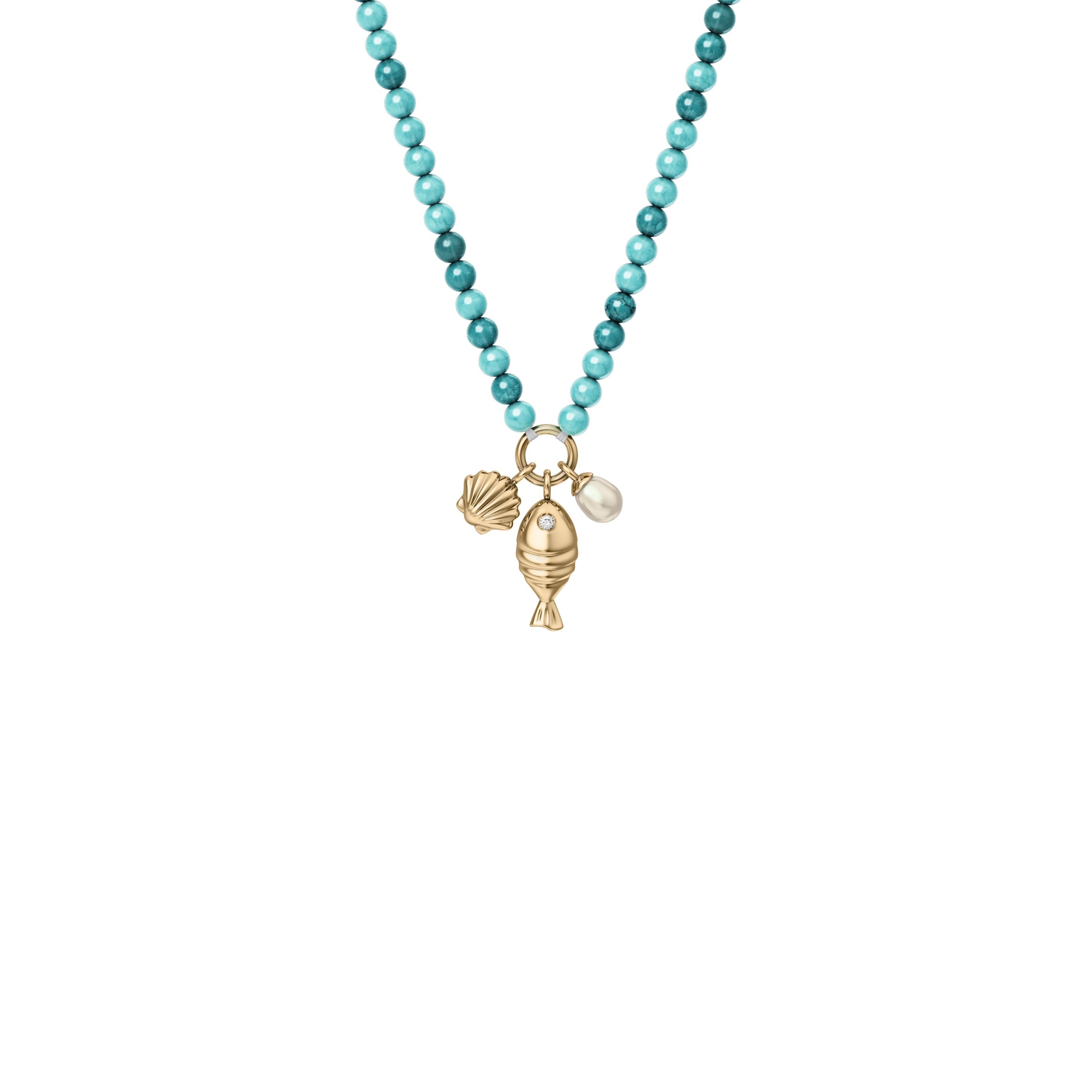 Fossil Kette mit Anhänger »Schmuck Geschenk Metall Halskette Fisch Muschel Sutton« mit Glasstein - mit Süßwasserzuchtperle, Acryl