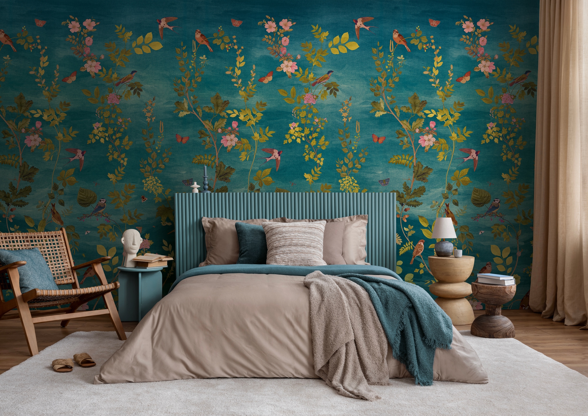 living walls Vliestapete »Vibes & Styles Florentina – Botanical Birds Fototapete« floral leicht strukturiert Naturdesign mit filigranen Ranken, Vögeln und lebendiger Tiefe