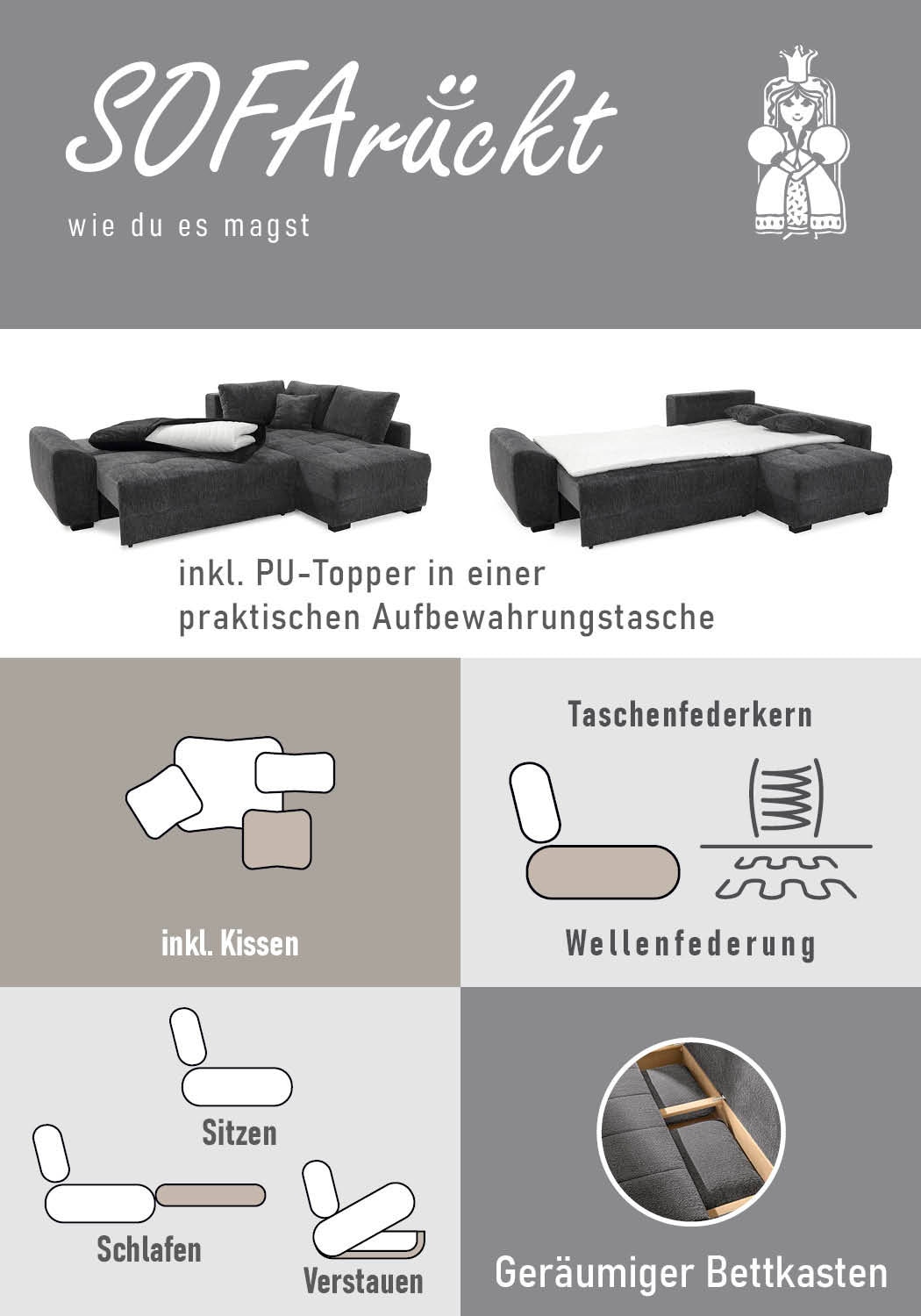 Jockenhöfer Gruppe Ecksofa »Amalfi L-Form, B: 270 cm, Liegefl. 146x224 cm, Dauerschlafsofa« Couch mit Tonnentaschen-Federkern, Topper, Bettkasten & Kissen