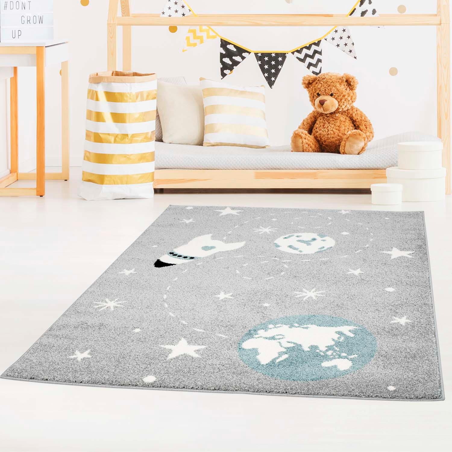 Carpet City Kinderteppich »Bubble Kids 1319«, rechteckig, 11 mm Höhe, Spielteppich, Weltall, Rakete, Weicher Flor, Pflegeleicht