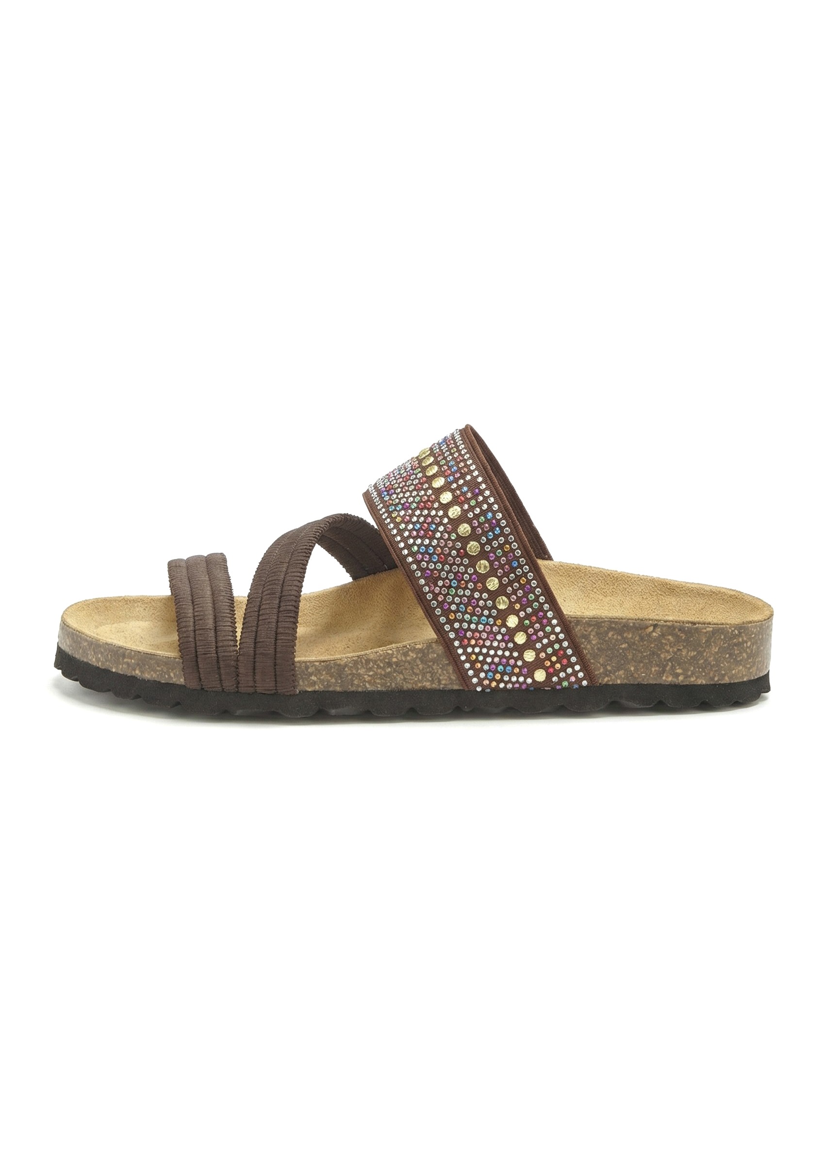 Pantolette LASCANA "Mule, Sandale, offener Schuh, Sommerschuh", Damen, Gr. 42, braun, Obermaterial: 50% Synthetik, 50% Textilmaterial. Decksohle: 100% Rindsleder. Laufsohle: 100% Synthetik, Glitzer, Schuhe Pantolette, mit Komfortkorkfußbett aus Leder und  2