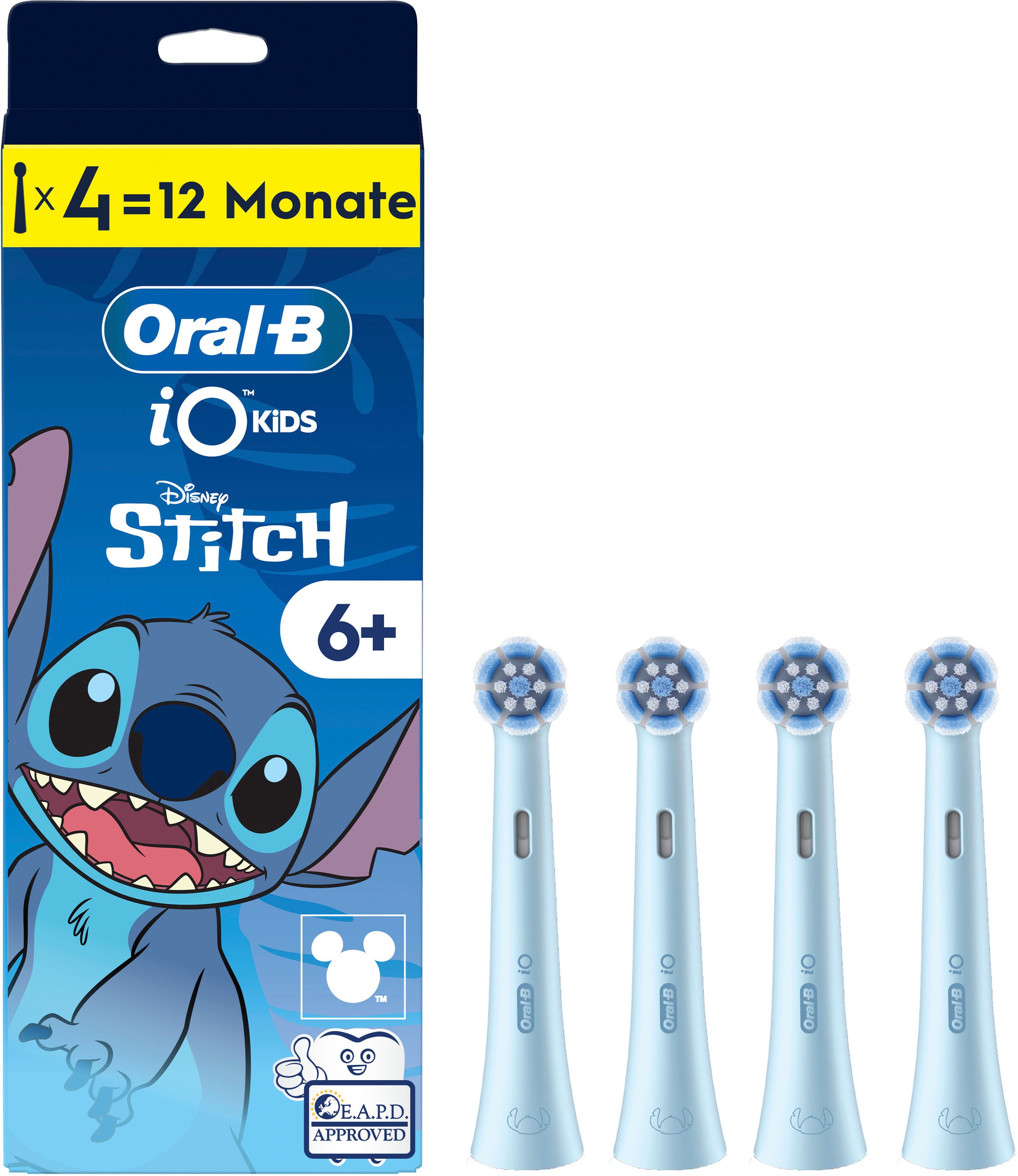 ORAL-B Kinder Aufsteckbürsten "iO Kids 6+ Disney Stitch", 4 Stk.blau, Zahnbürstenköpfe, Sanft zu wackeligen Zähnen & Zahnfleisch, ab 6 Jahren