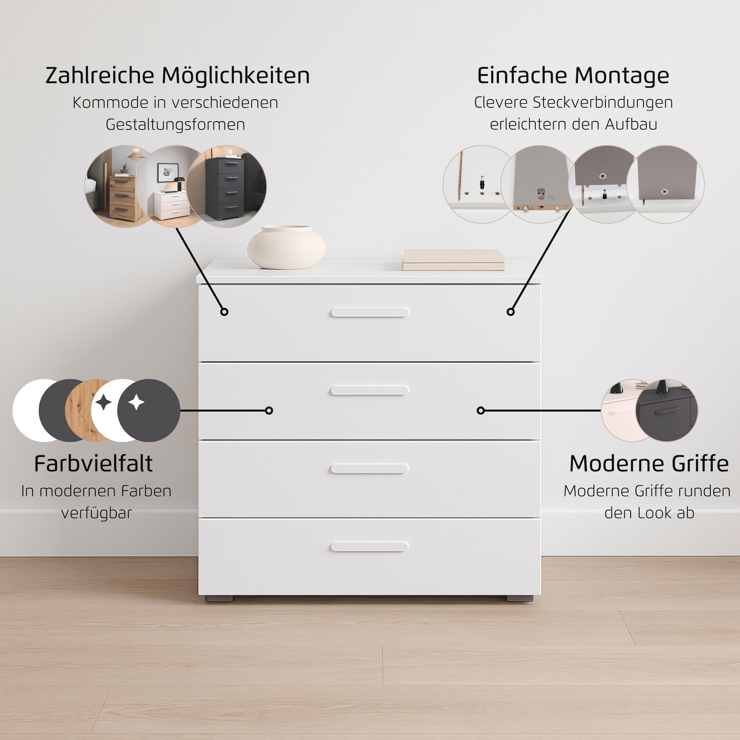 rauch Schubkastenkommode »Sideboard Schubladenkommode OTELI mit Dekor- und Hochglanzfront« Breite 80 cm inkl. Soft-Close-Funktion,  vier große und geräumige Schubladen mit viel Stauraum MADE IN GERMANY