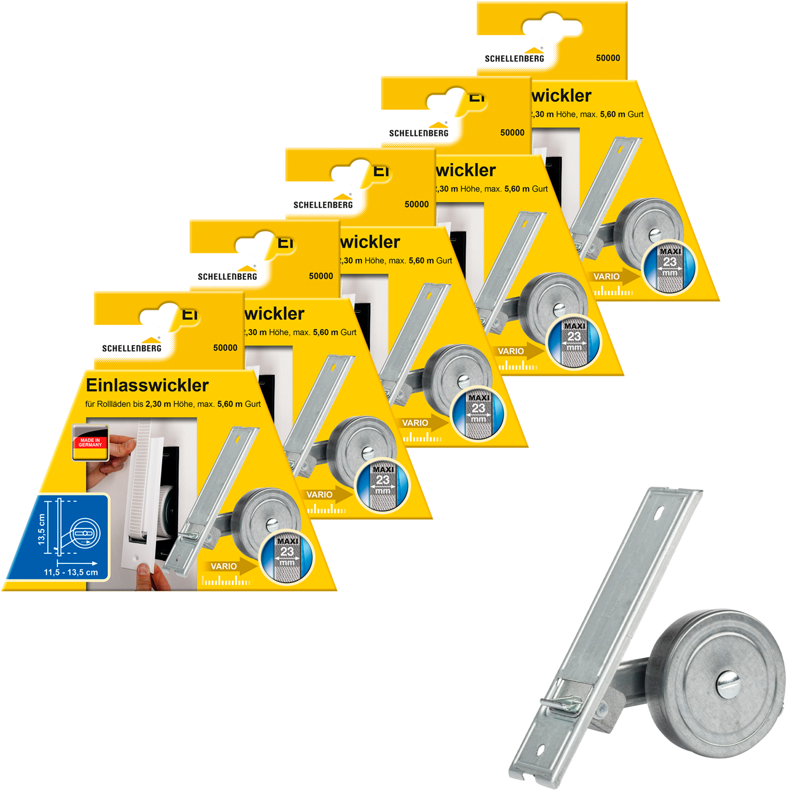 SCHELLENBERG Einlass-Gurtwickler "für das Rollladensystem Maxi, Lochabstand 13,5 cm, Unterputz-Montage", 5 Stk., silber, Gurtwickler, für