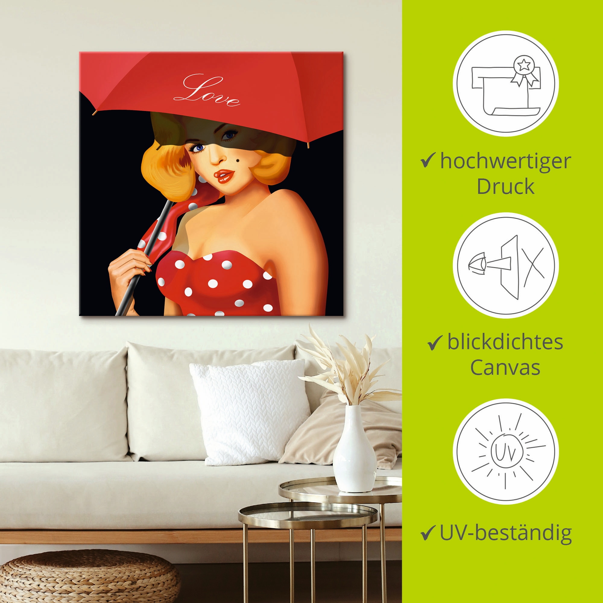 Artland Wandbild »Pin-Up Girl unter rotem Regenschirm«, Frau, (1 St.), als Alubild, Outdoorbild, Leinwandbild in verschied. Größen