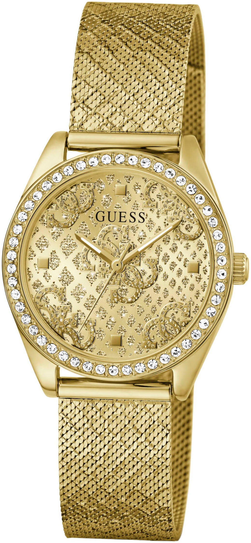 Guess Quarzuhr »BOA«, Armbanduhr, Damenuhr, Kristallsteine, Mineralglas, Edelstahlarmband