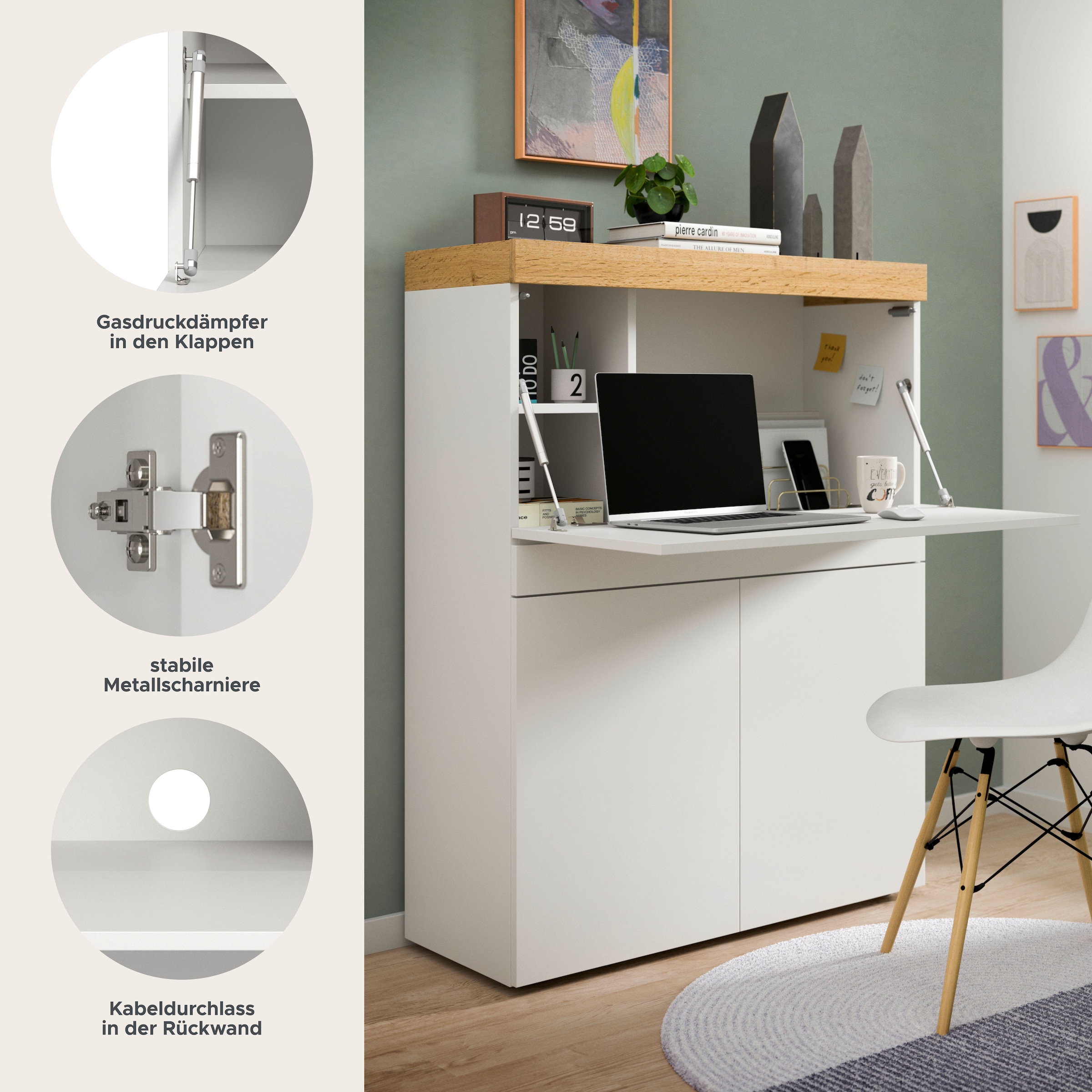 OTTO home Sekretär »MAMBO, Höhe 122cm, Home-Office-Schreibtisch, PC-Schrank« 2 Türen, 1Klappe, 7 Fächer, 1 Schubkasten, 3 höhenverstellbare Böden,  Multifunktional mit viel Stauraum, klappbare Tischfläche
