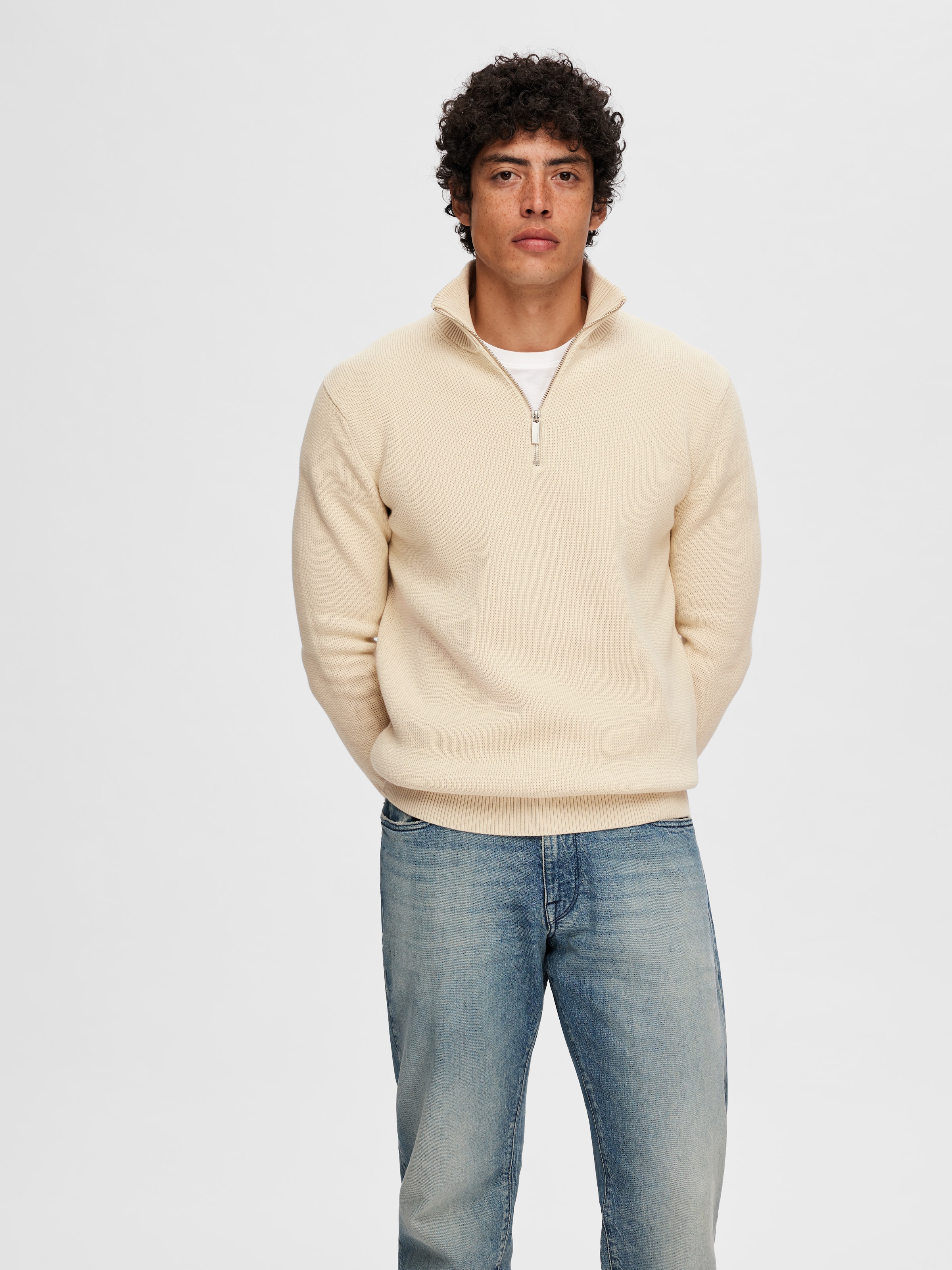 SELECTED Troyer »SLHDANE LS KNIT STRUCTURE HALF ZIP NOOS« Baumwolle, regular fit