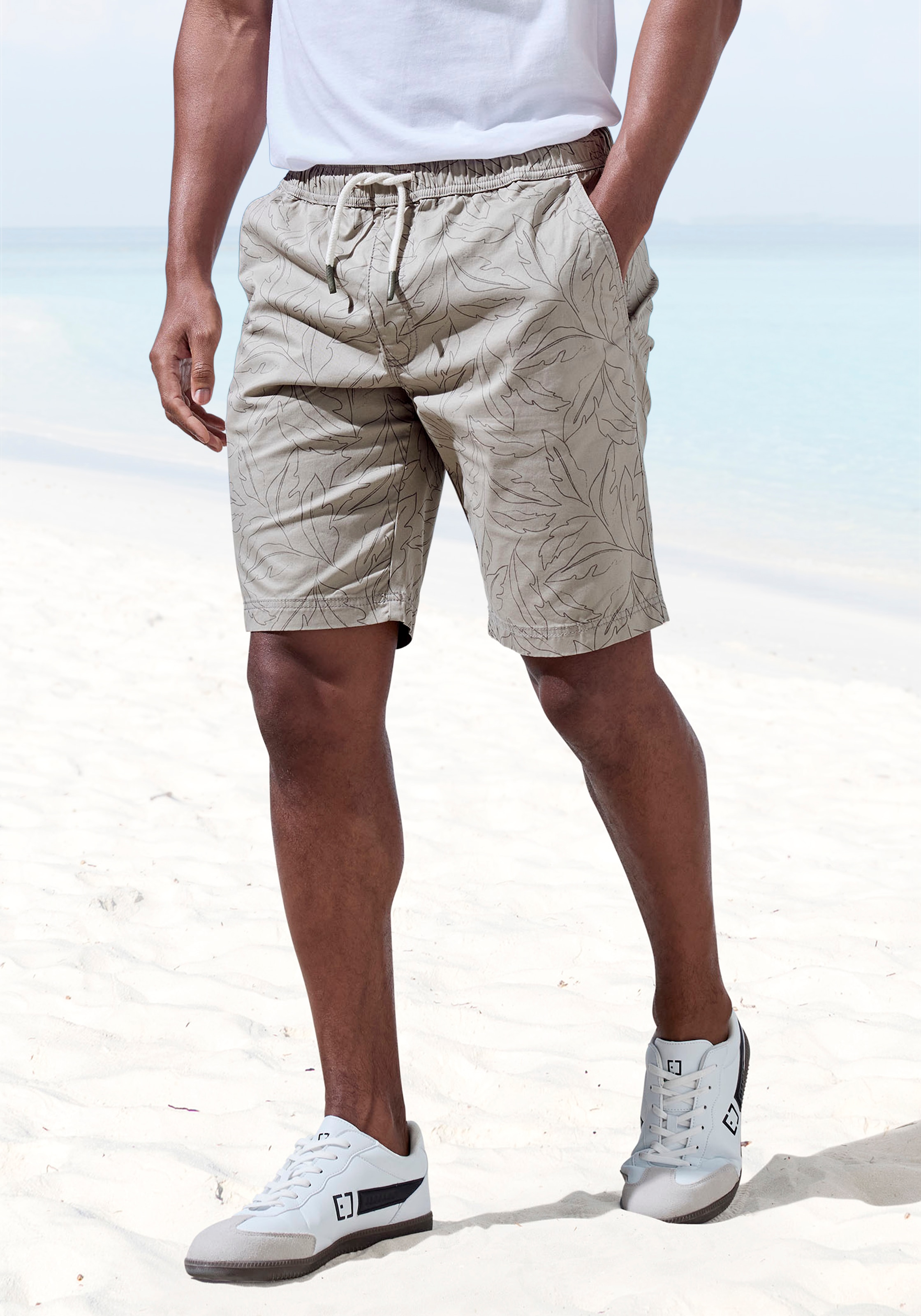 John Devin Shorts "- Sommer Bermuda mit Blätter-Print" kurze Schlupfhose aus elastischer, gewebter Baumwollqualität