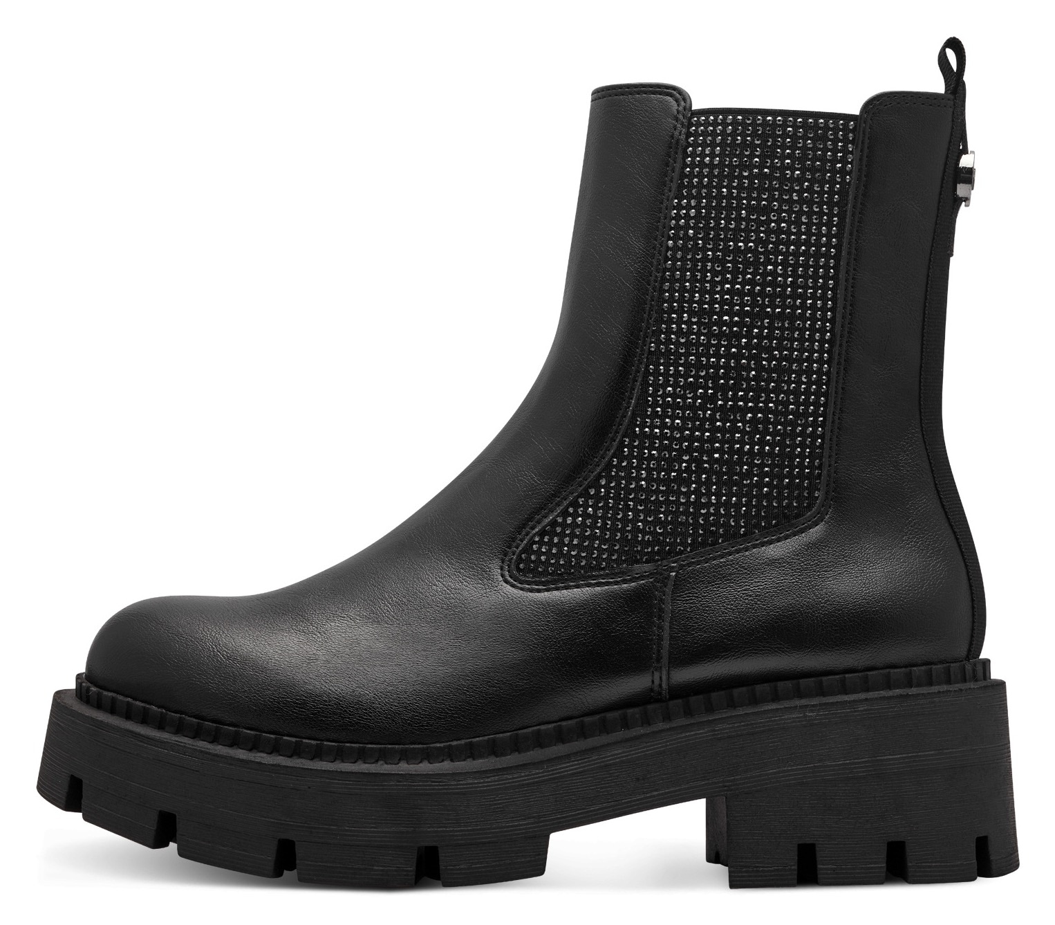 Tamaris Chelseaboots, Blockabsatz, Stiefelette mit funkelnden Strasssteinen besetzt