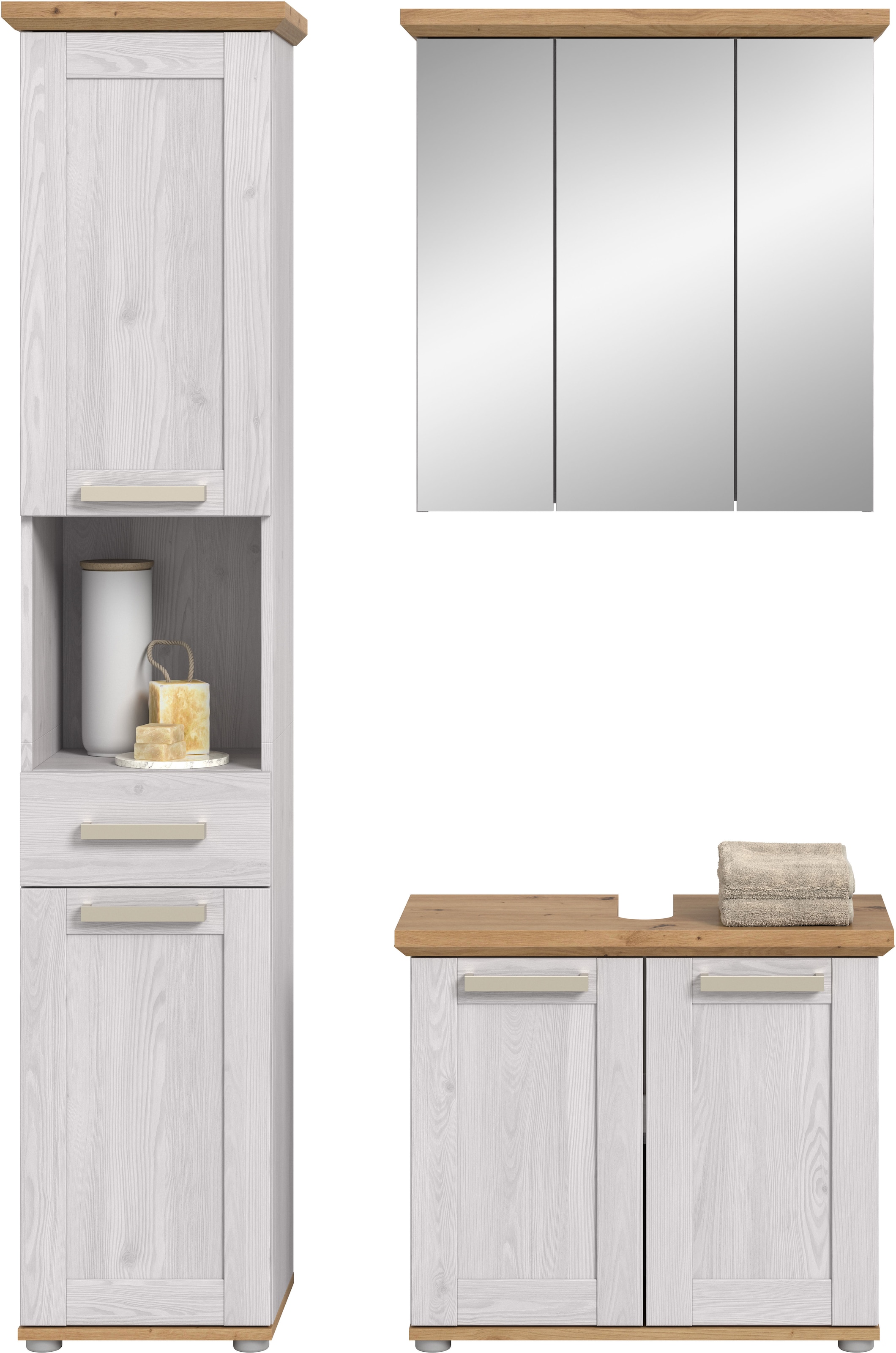 welltime Badmöbel-Set »COSENZA, 3-teilig, in Landhausoptik, mit farblich abgesetztem Kranz« best. aus: Hochschrank, Spiegelschrank und Waschbeckenunterschrank, 3 Stk. tlg.