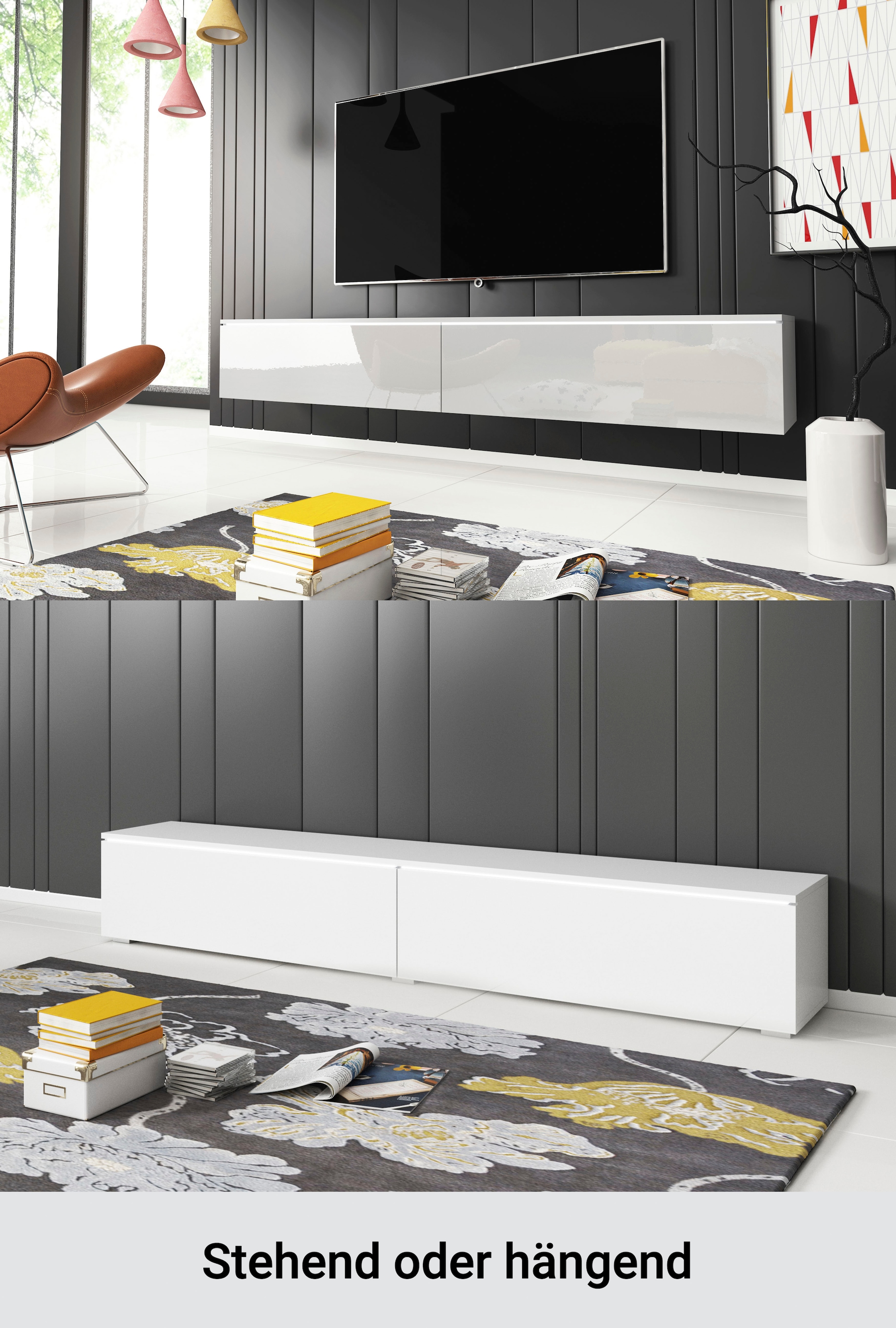 INOSIGN Lowboard »LOWBOARD VERA, wahlweise mit oder ohne Beleuchtung«, Modernes griffloses TV-Board, 180 cm TV-Schrank, stehend und hängend