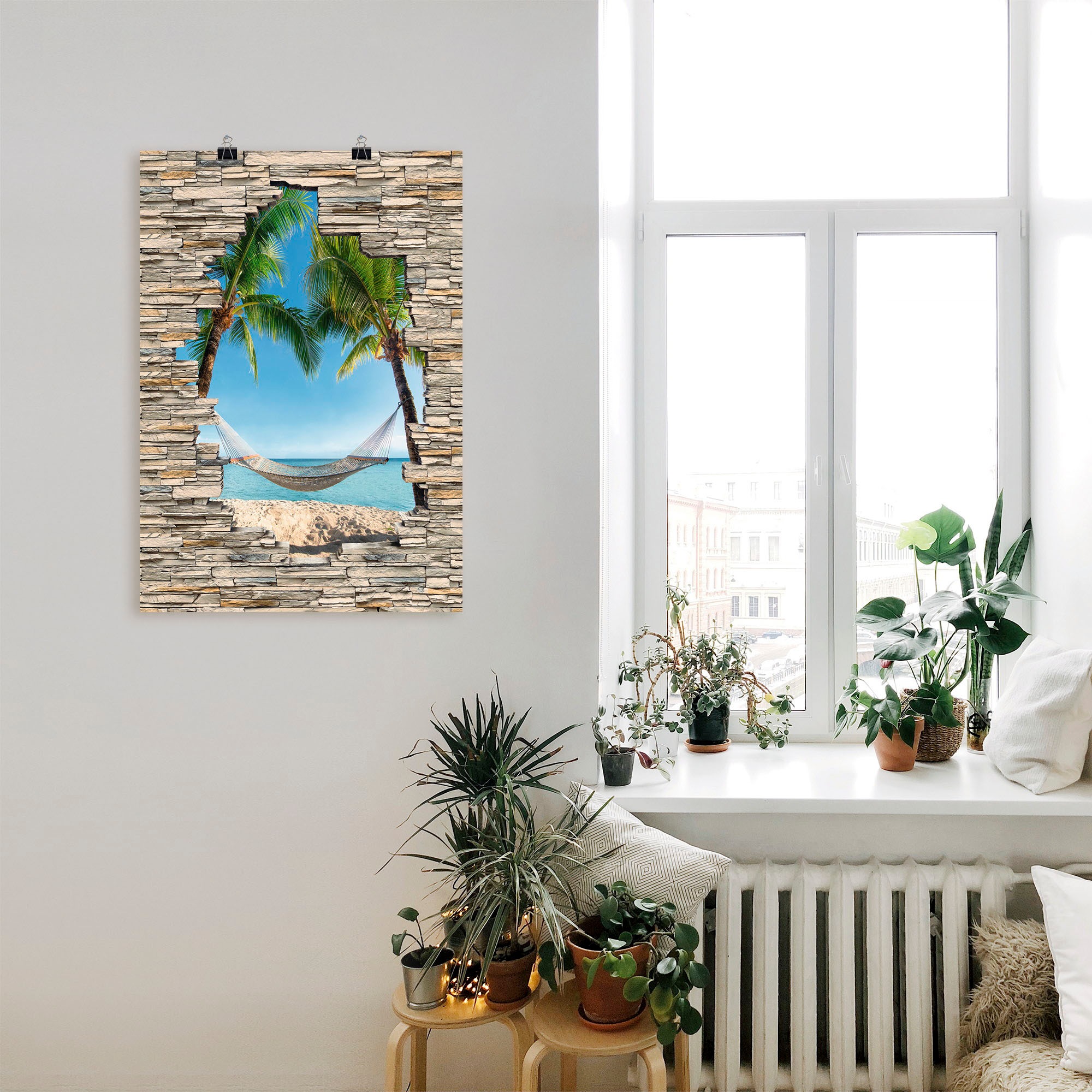 Artland Wandbild »Palmenstrand Karibik Hängematte Stein«, Karibikbilder, (1 St.), als Alubild, Outdoorbild, Poster in verschied. Größen