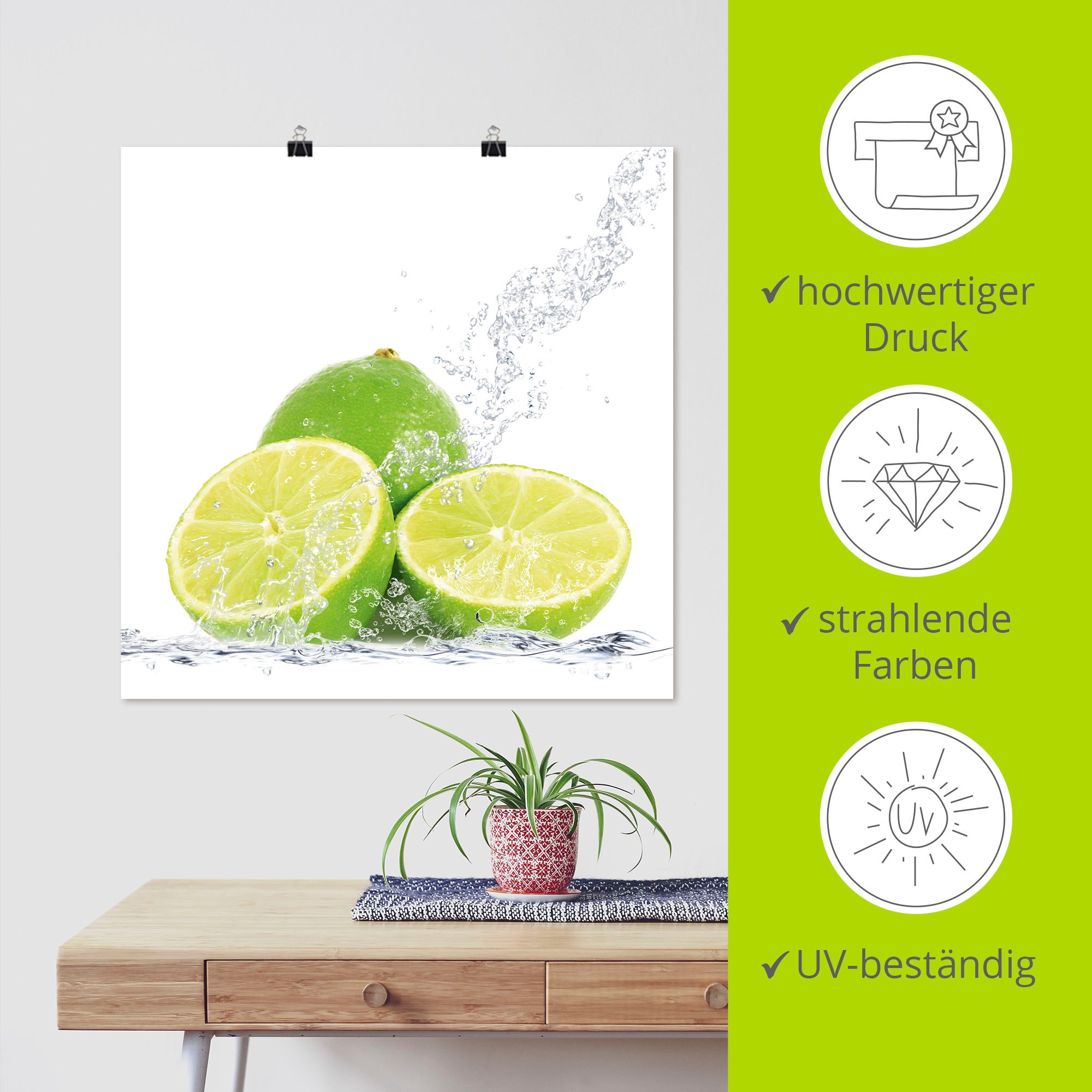 Artland Wandbild »Limette mit Spritzwasser«, Lebensmittel, (1 St.), als Leinwandbild, Poster, Wandaufkleber in verschied. Größen