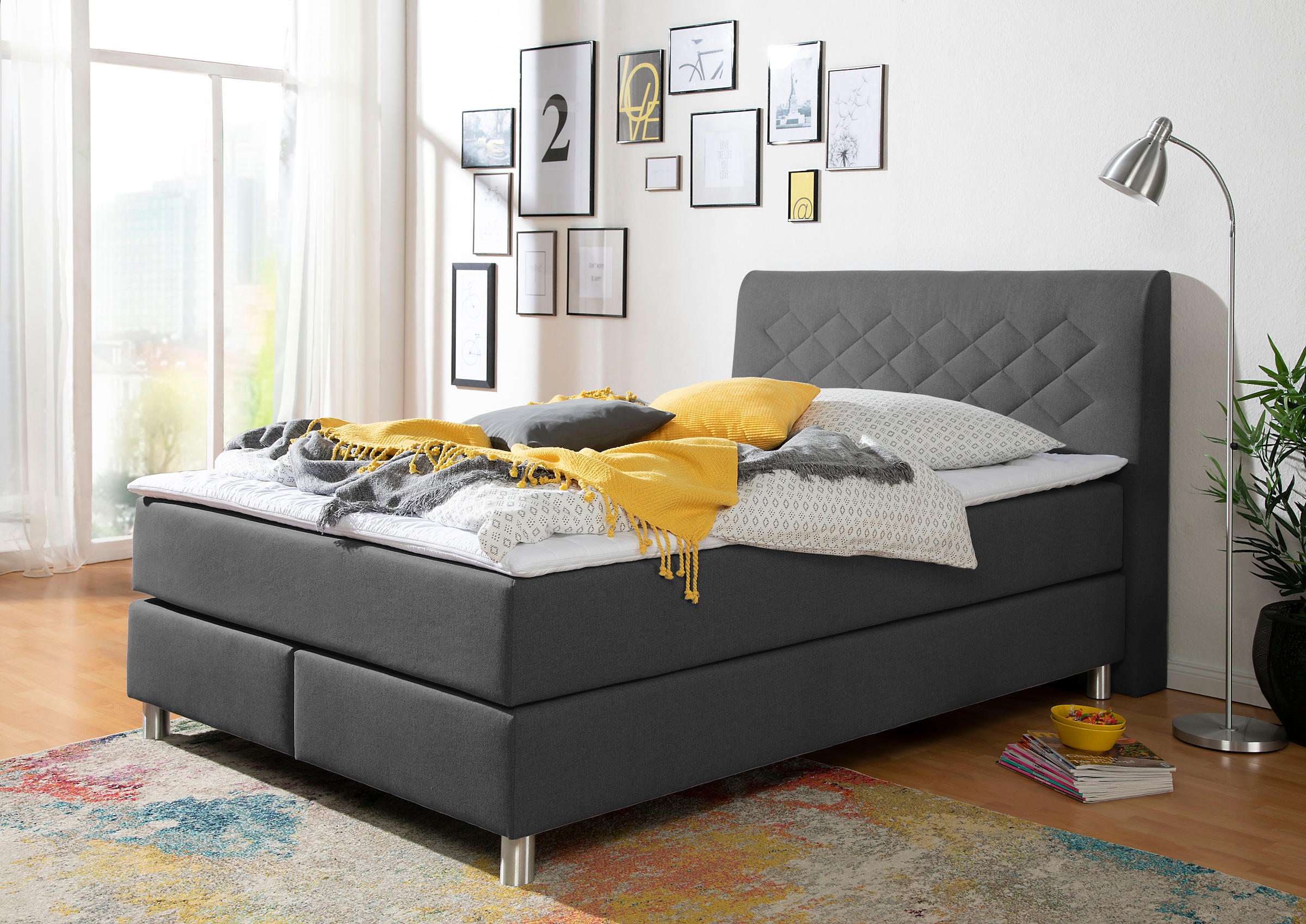 Boxspringbett HOME AFFAIRE "Parla", grau (anthrazit), L:218cm, 100% Polyester, Komplettbetten, Boxspringbett, incl. Topper, 4 Farben in 4 Breiten, 2 Härtegraden, 3 Matratzenarten