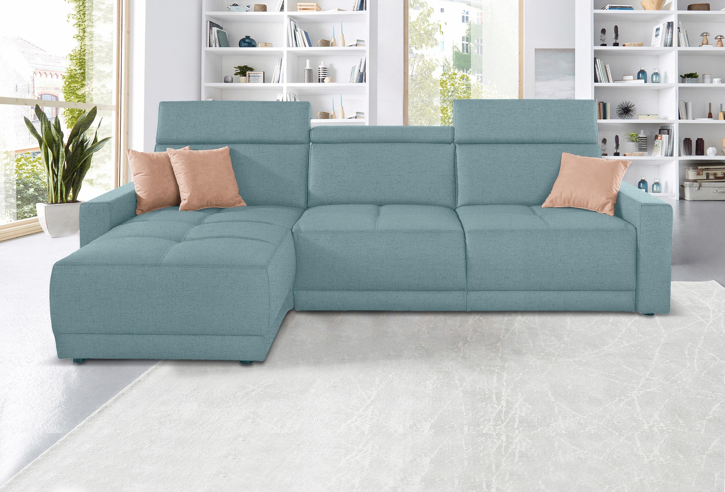 DOMO collection Ecksofa »Ava mit moderner Sitzheftung & toller Doppelnaht, komfortabel, L-Form«, mit Recamiere, inkl. Federkern, wahlweise mit Kopfteilverstellungen