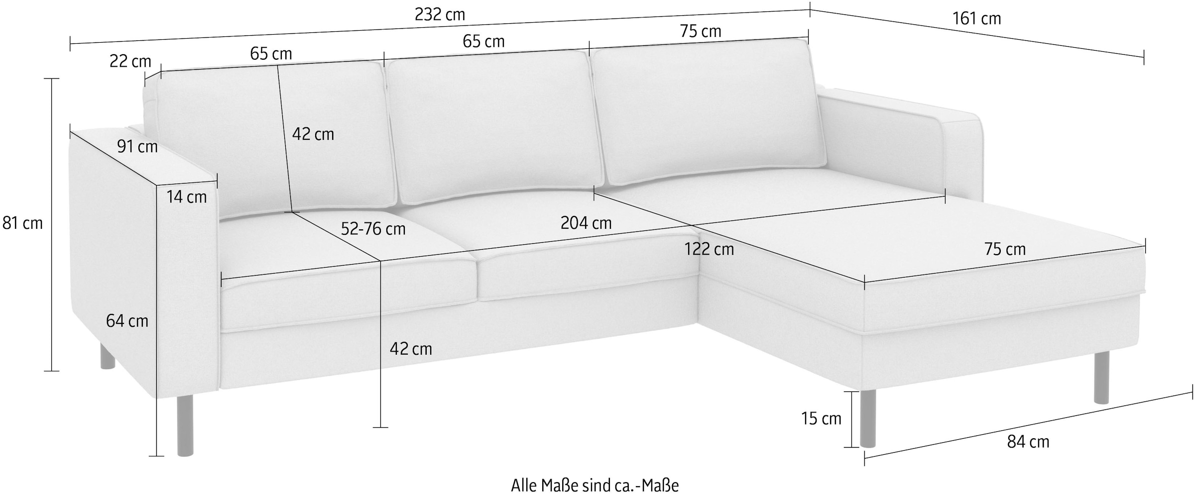 TRENDMANUFAKTUR Ecksofa »Watkins, Couch wahlweise mit Schlaffunktion & Bettkasten, auch in Cord«, Recamiere beidseitig montierbar, Sofa in L-Form, Breite 232 cm