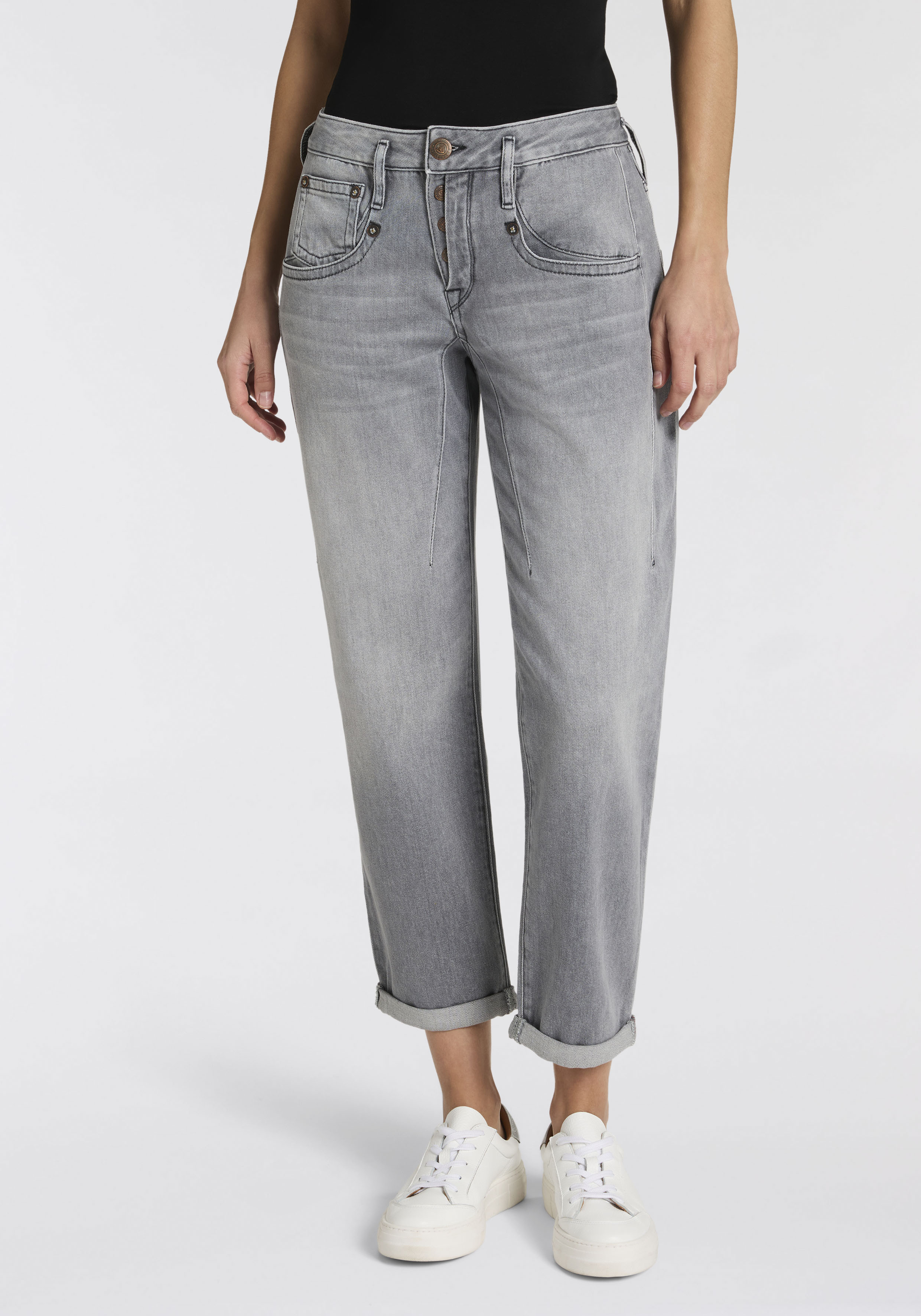 Herrlicher Boyfriend-Jeans "Shyra Tap Denim Grey Light Stretch" High Waist mit Umschlagsaum