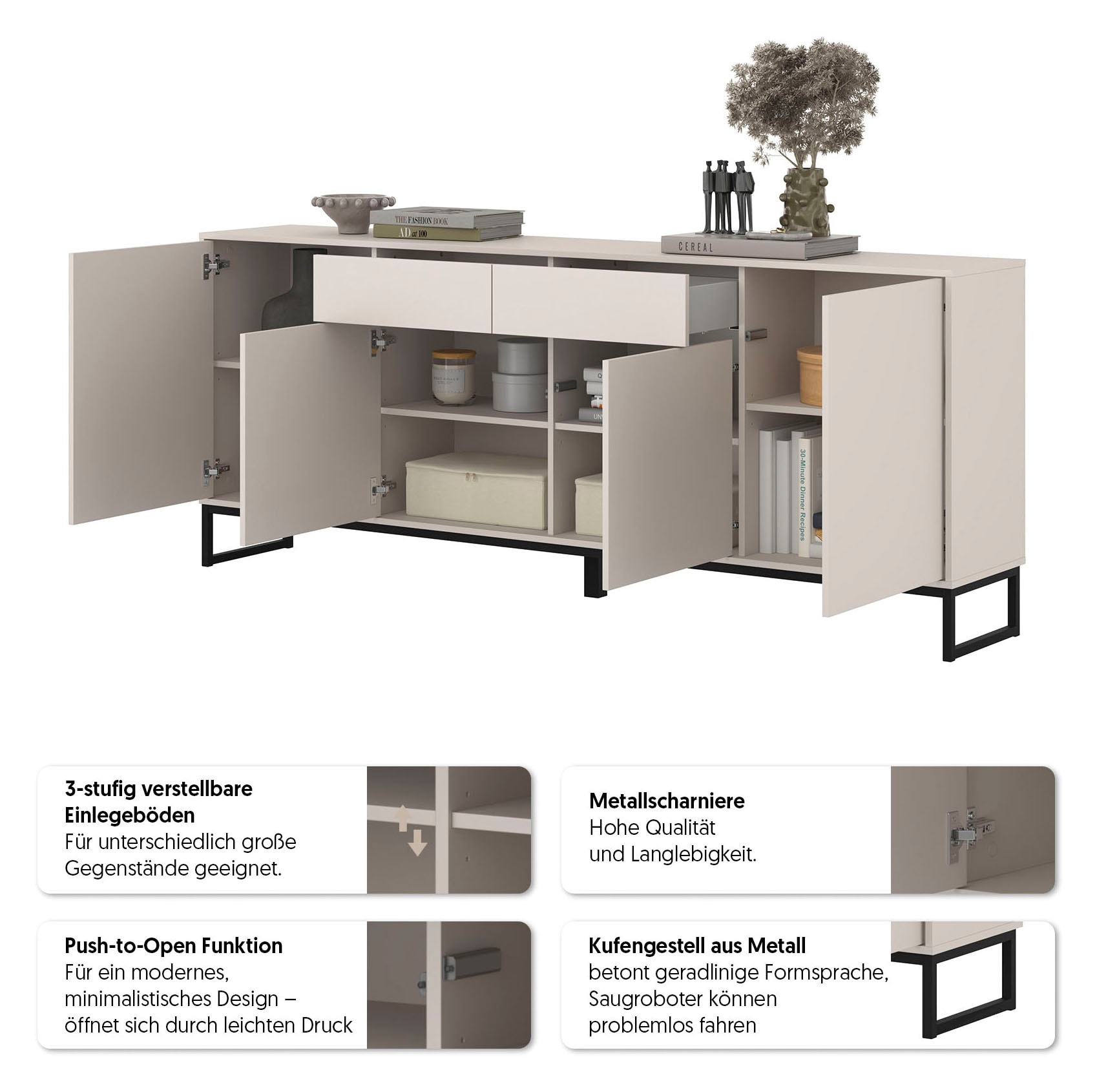 OTTO home Sideboard »Olbia, Breite 208,5 cm, grifflose Kommode 4 Türen/2 Schubkästen.« Schubladenkommode mit viel Stauraum, Einlegeböden verstellbar