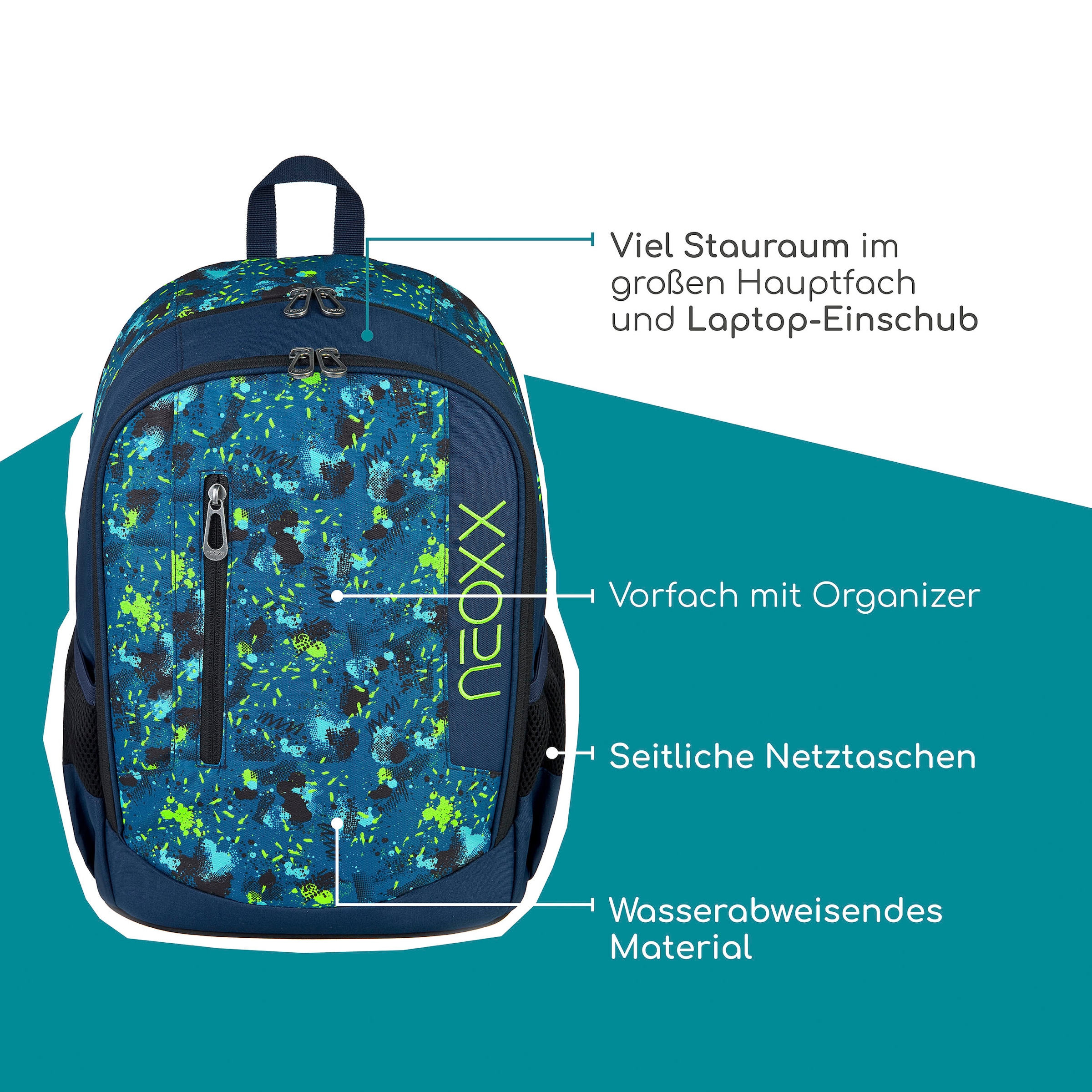 neoxx Schulrucksack »Flow, Petrol Extreme«, teilweise aus recyceltem Material