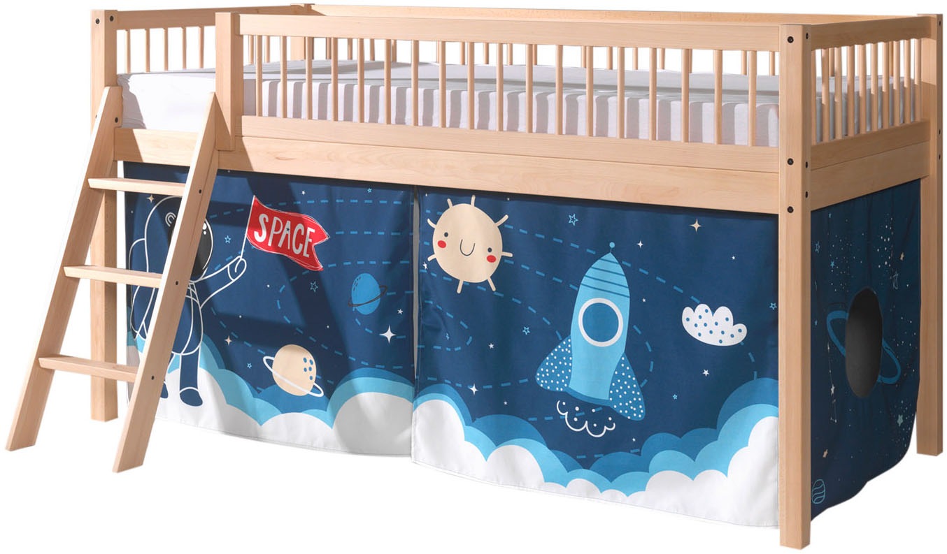 Vipack Spielbett »Forrest, Absturzschutz mit Sprossen-Optik, Pfostenstärken ca. 50x50mm« Buche natur lackiert, stabil und hochwertig gebaut, inkl. Lattenrost,  90/200 cm, inkl. Vorhang-Set 3-tlg., Spielbereich unter dem Bett