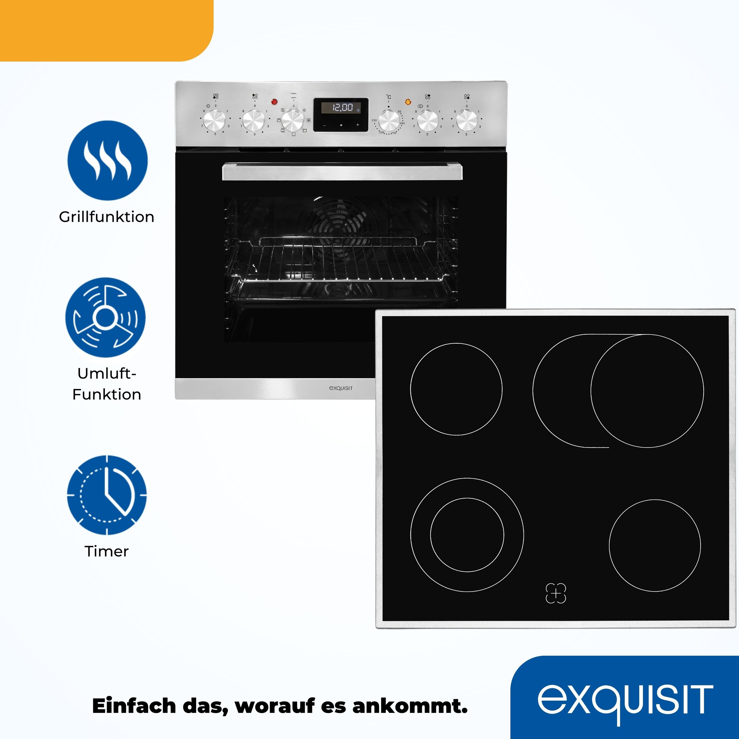 EXQUISIT Elektro-Herd-Set "EHE 157-2 URBZ-Set", Energieeffizienz: A (A+++-D), silber (silberfarben, schwarz), Herdsets, Umluft für gleichmäßige Wärme ideal für Plätzchen auf mehreren Blechen 3