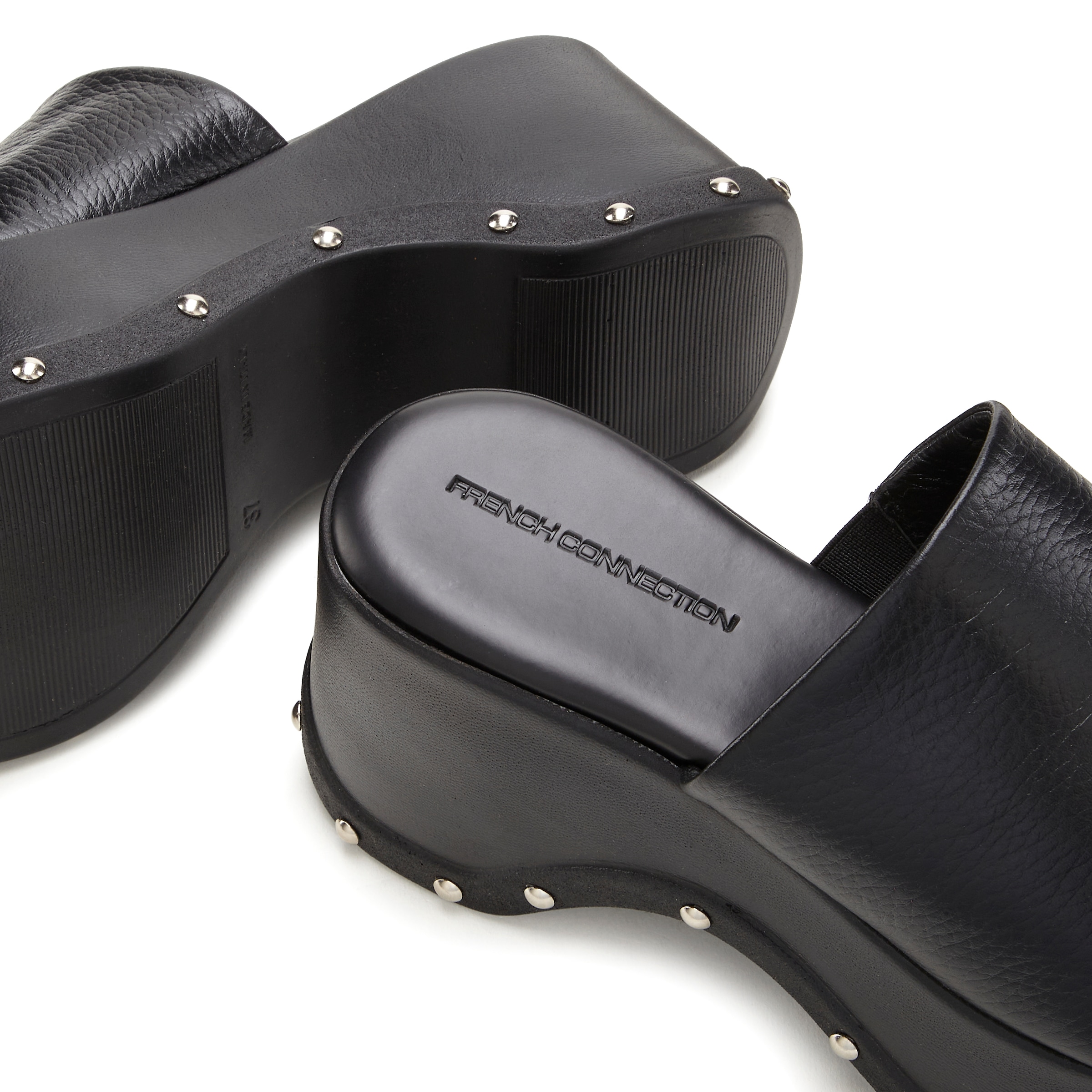 French Connection Pantolette, Mule, Sandale, offener Schuh aus Leder mit modischer Plateausohle
