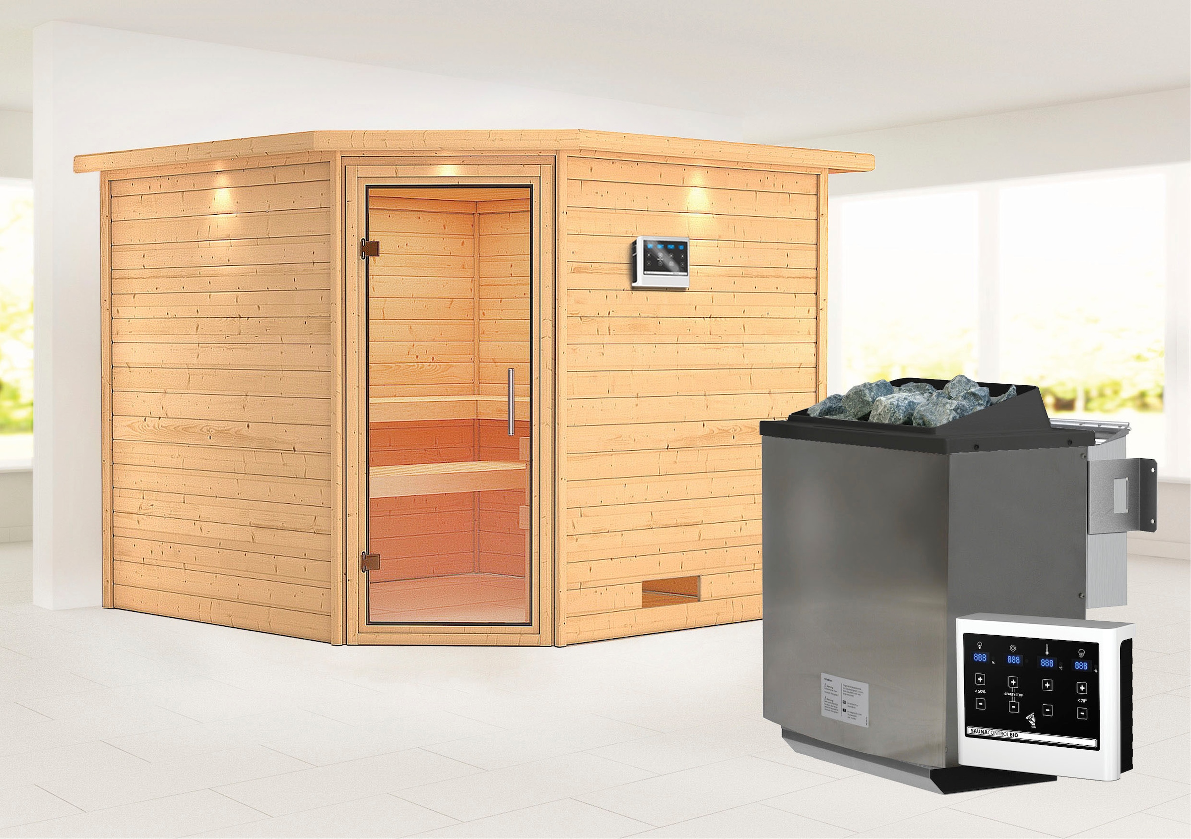 Karibu Sauna ""Leona" mit Klarglastür und Kranz Ofen 9 kW Bio externe Strg modern", aus hochwertiger nordischer Fichte