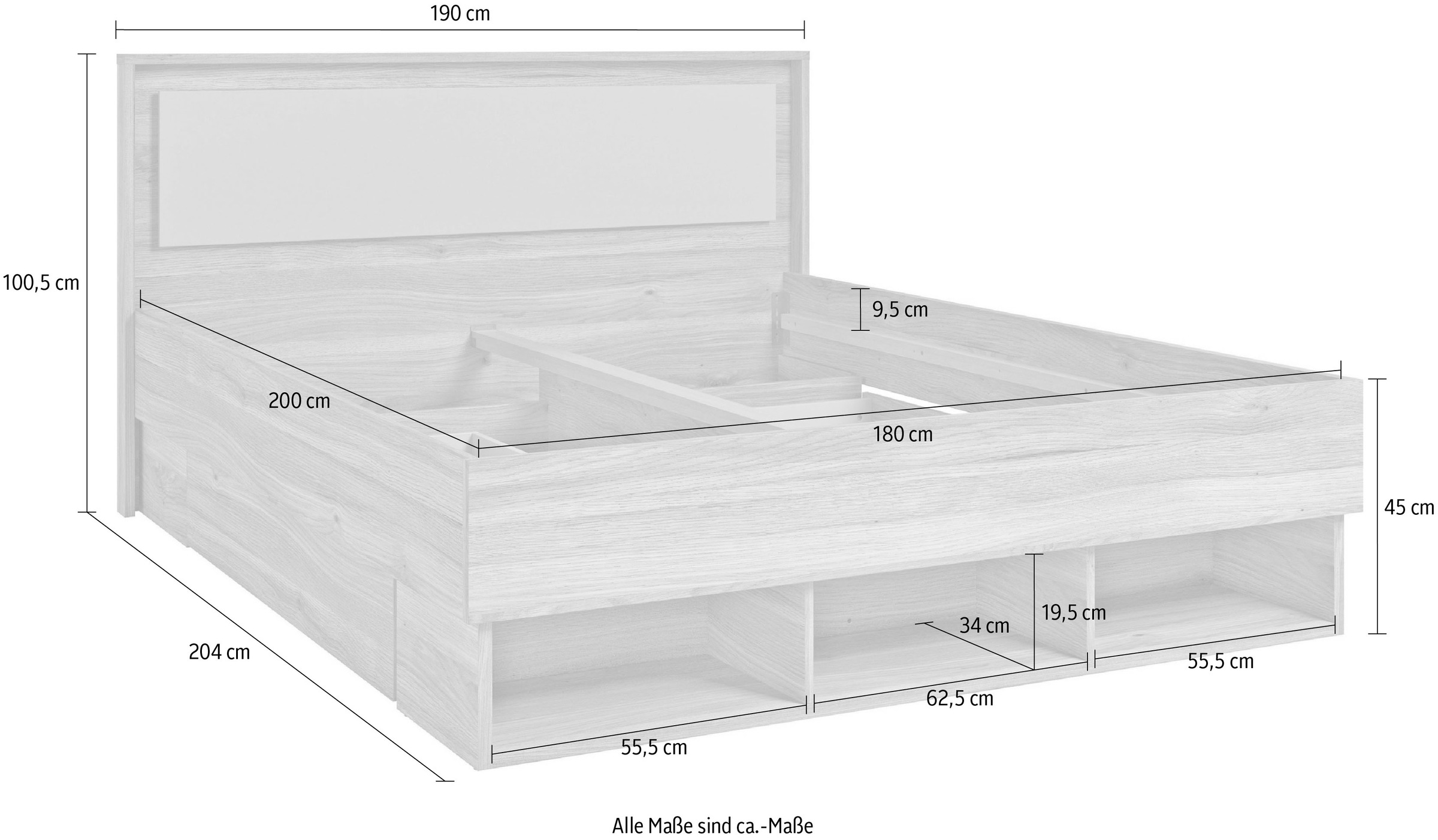 INOSIGN Bettgestell »Wharton, 140, 160 oder 180cm Breite, Made in Europe«, (mit oder ohne Stauraumschubladen), Doppelbett mit offenen Regalen, FSC-zertifizierter Holzwerkstoff
