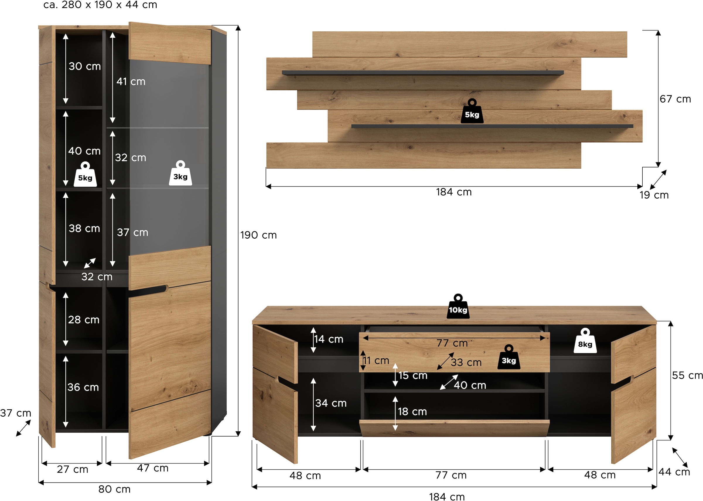 INOSIGN Wohnwand »REHAT, TOPSELLER!, 3-teilig, Breite 280 cm, individuell stellbar«, (3 St., Set bestehend aus: Vitrine, Lowboard und Wandboard), Kombination, Anbauwand, Set, Wohn-Set, Wohnzimmer-Set, Schrankwand