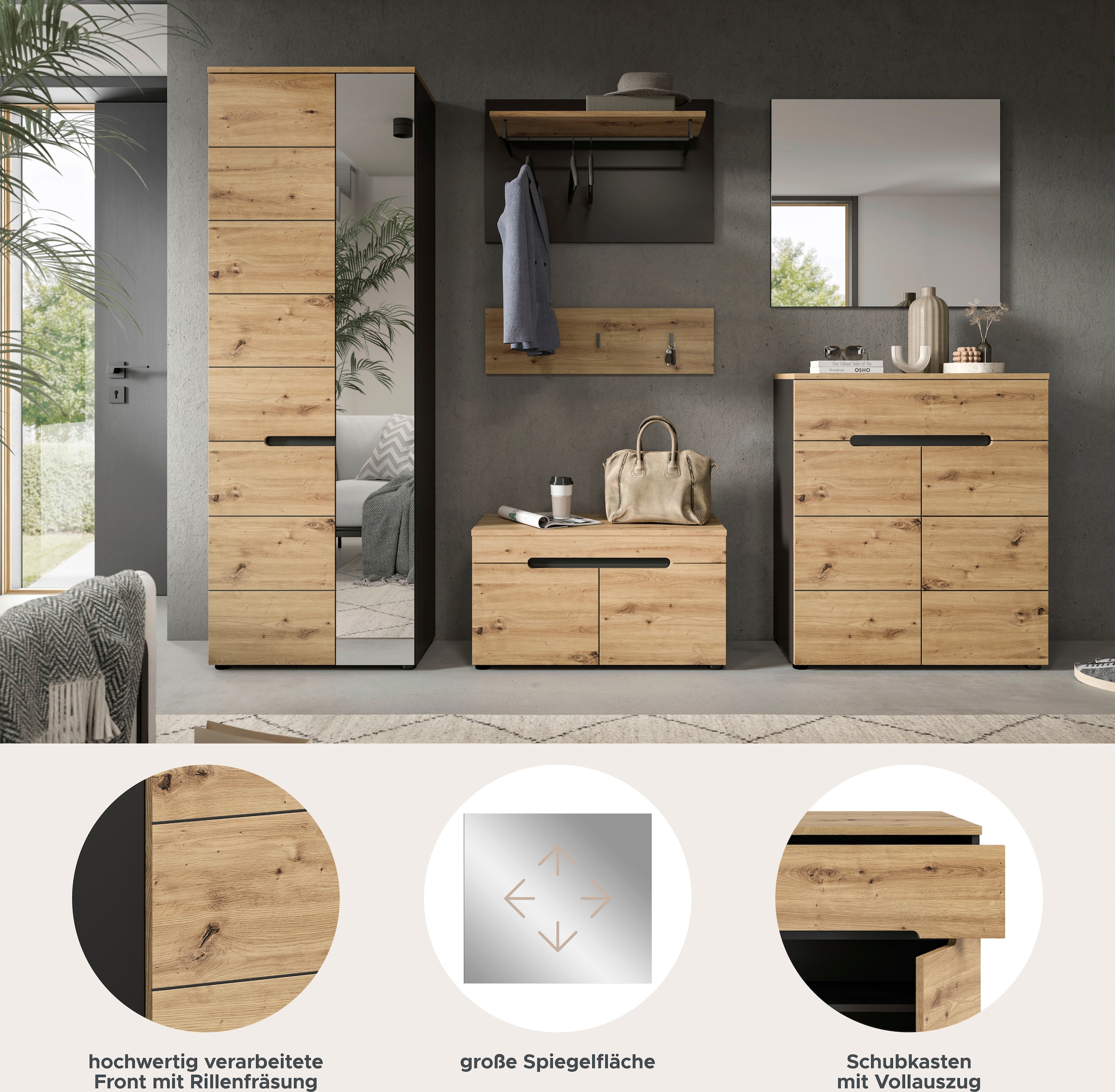 INOSIGN Garderoben-Set »Garderobenkombination Rehat, Breite 255cm,in Basalt grau/Artisan Eiche«, (6 St.), Flurmöbel, Dielenmöbel, Kombination, Diele, Garderobe, Garderobenmöbel
