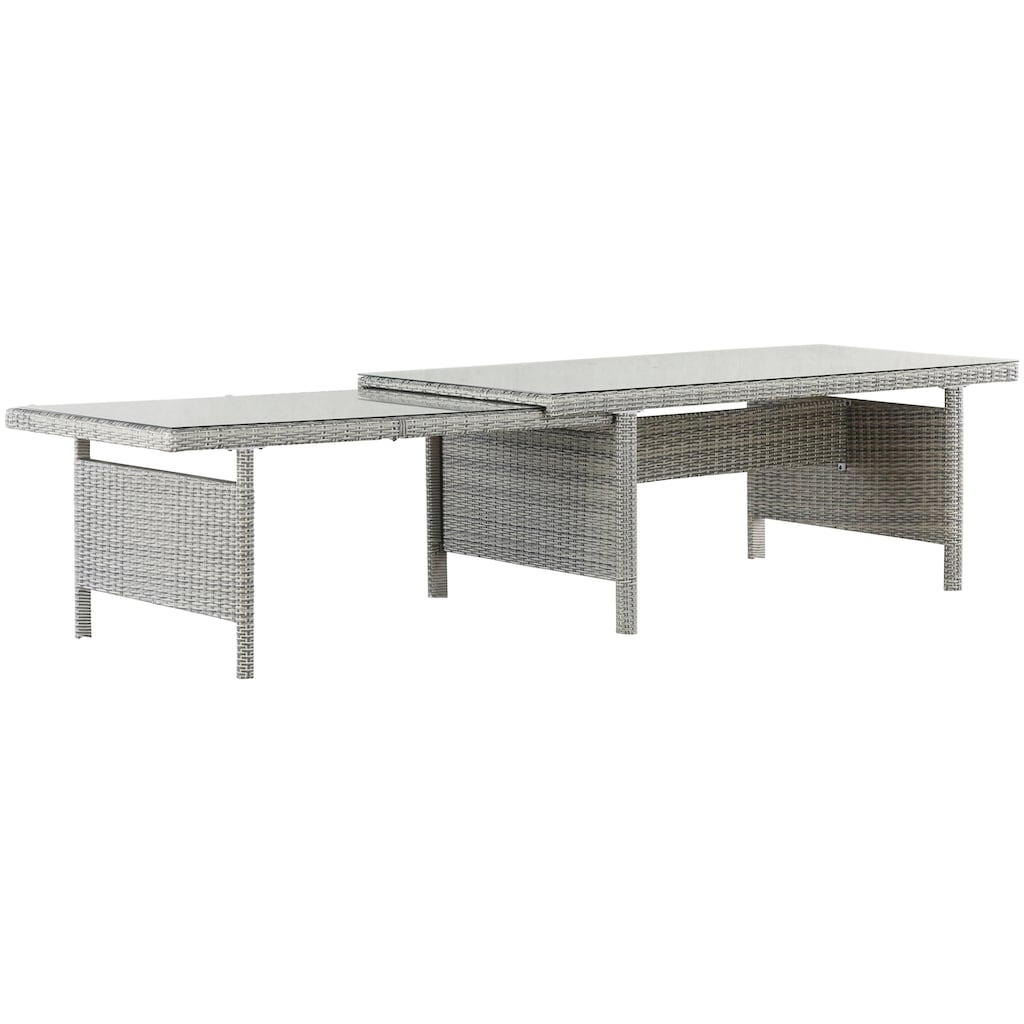 KONIFERA Garten-Essgruppe »Monaco«, (Set, 27 tlg., 6x Sessel, 4x Hocker, 1x AZ-Tisch 200-366x100x75,5 cm, inkl. Auflagen), für 10 Personen Aluminium, Polyrattan, Rückenlehne verstellbar