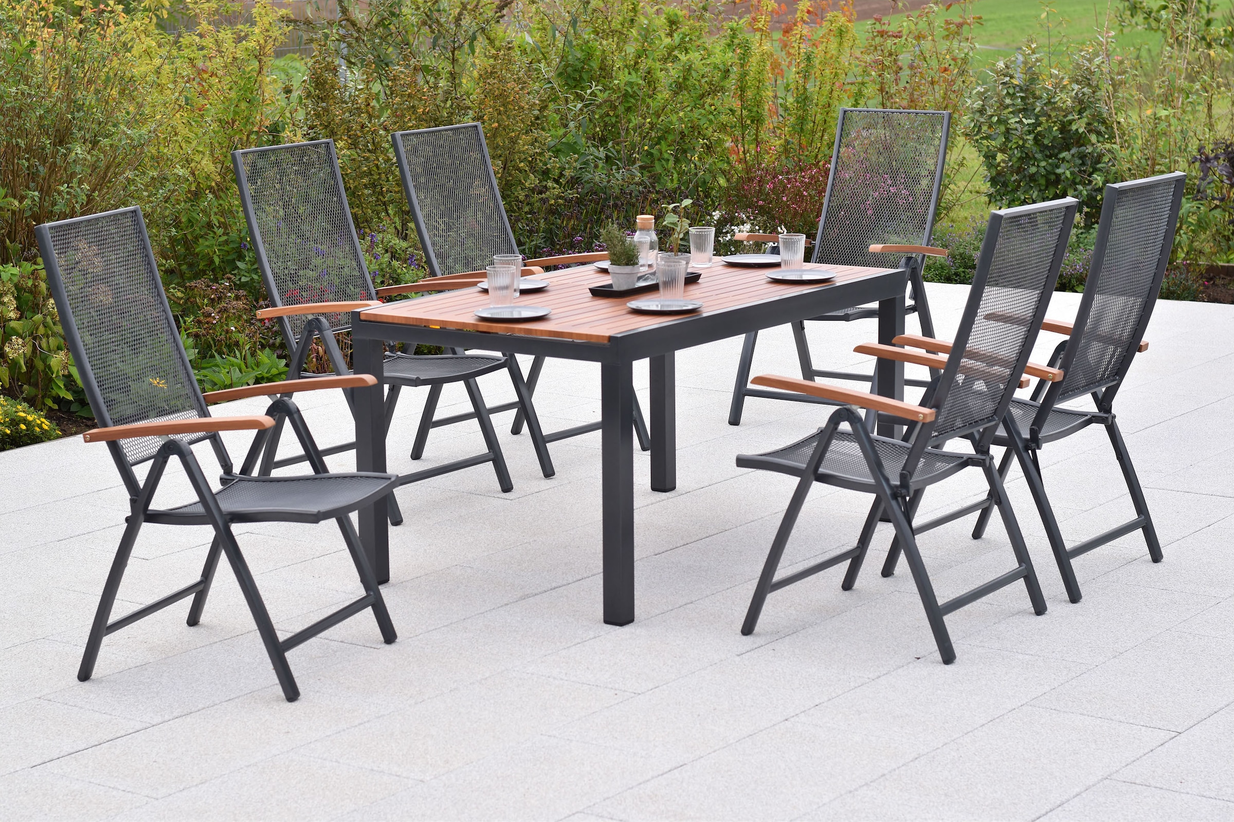 MERXX Garten-Essgruppe »»Thasos««, (Set, 7 tlg.), folierte Armlehnen und Tischplatte in Holzoptik