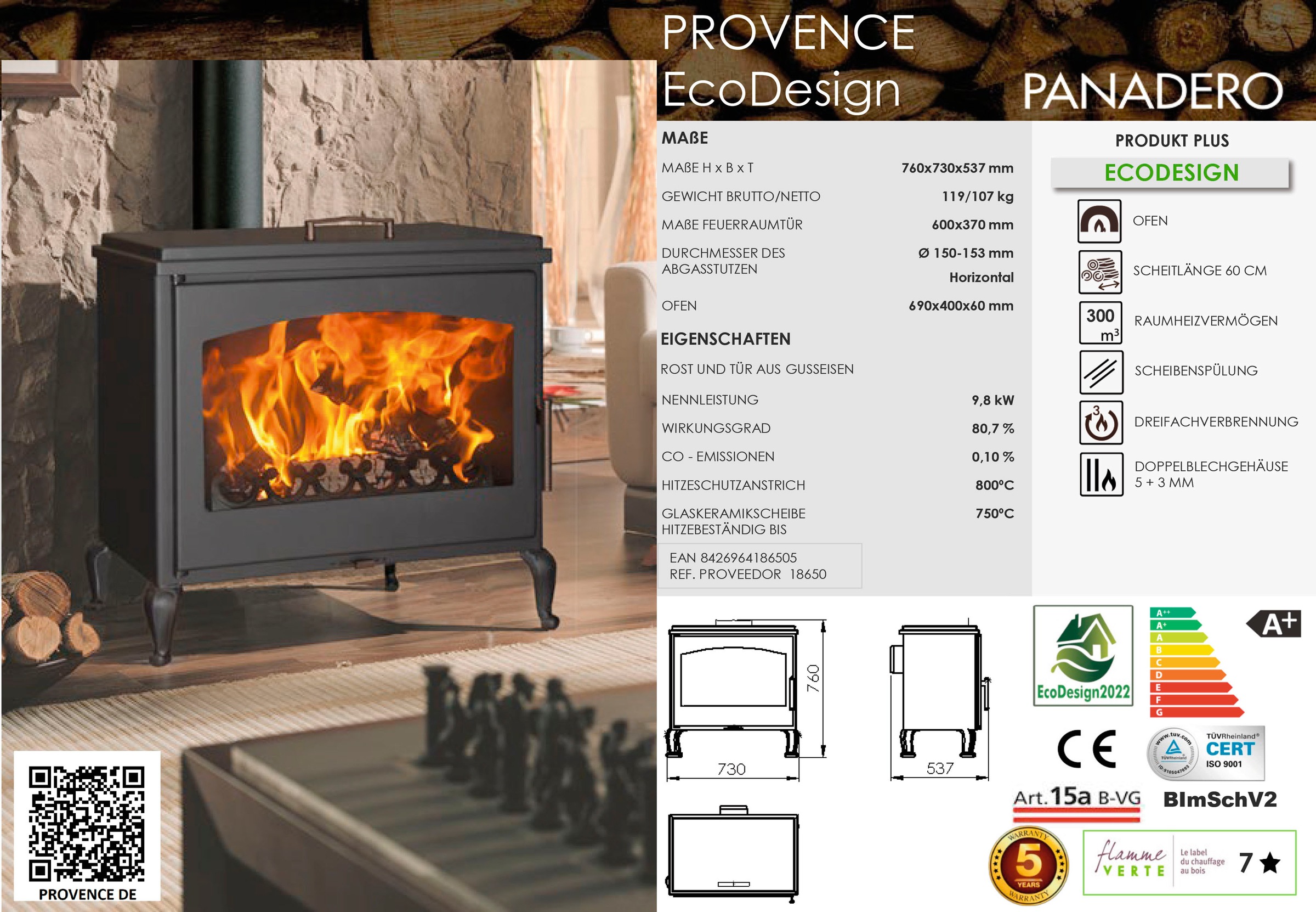 Panadero Kaminofen »Kaminofen Provence Ecodesign«